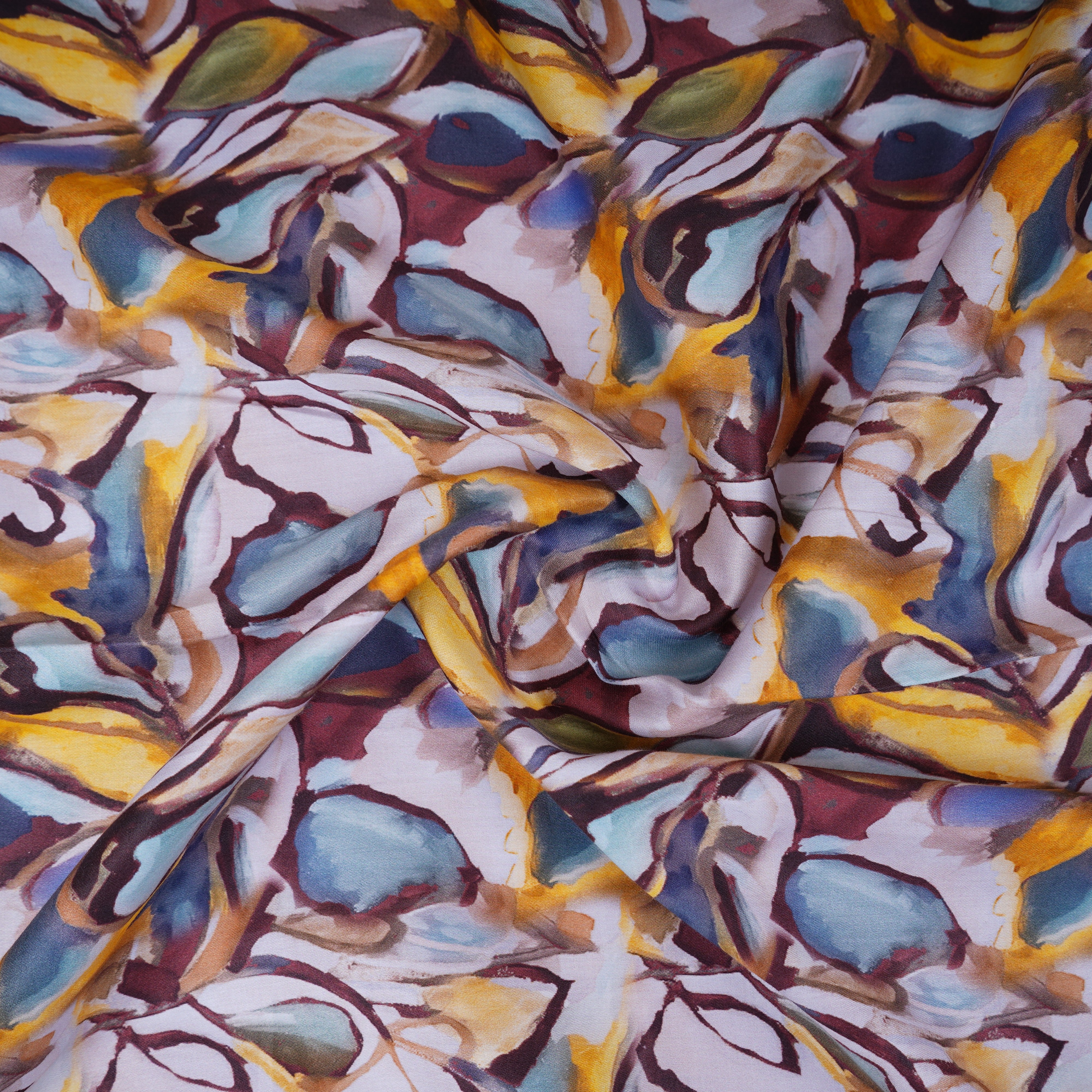 Yellow & Blue Abstract Print Cotton Satin Fabric PG-30402 - TradeUNO