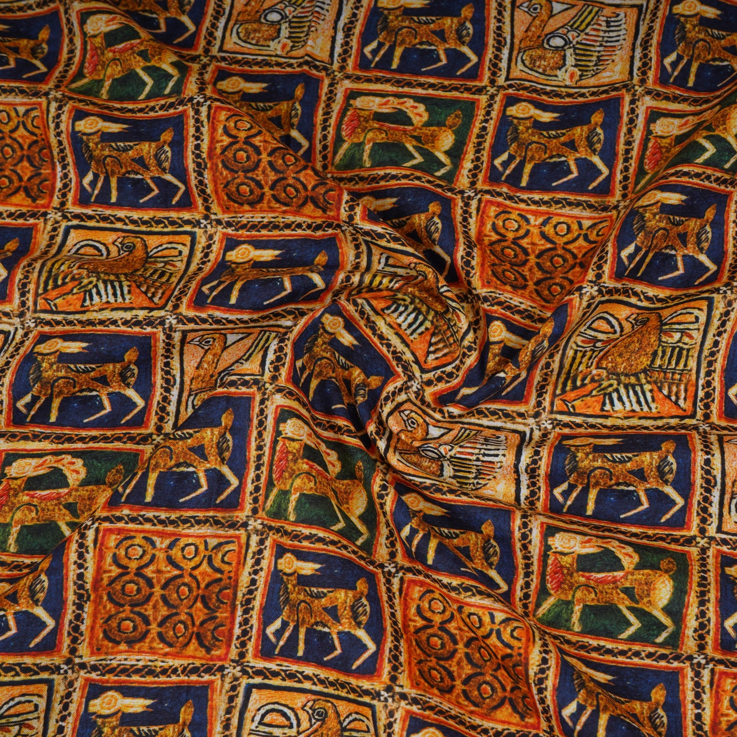 Blue & Gold Abstract Print Cotton Mulmul Fabric PG-30385