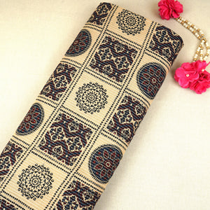 Cream Ajrakh with Kantha Print Cotton Fabric OG-30425 - TradeUNO