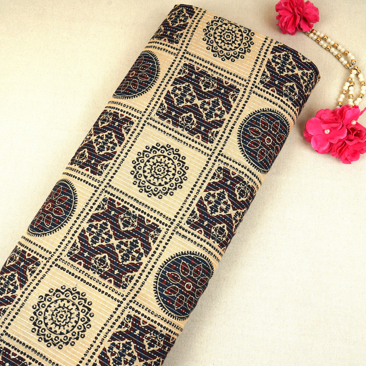 Cream Ajrakh with Kantha Print Cotton Fabric OG-30425 - TradeUNO