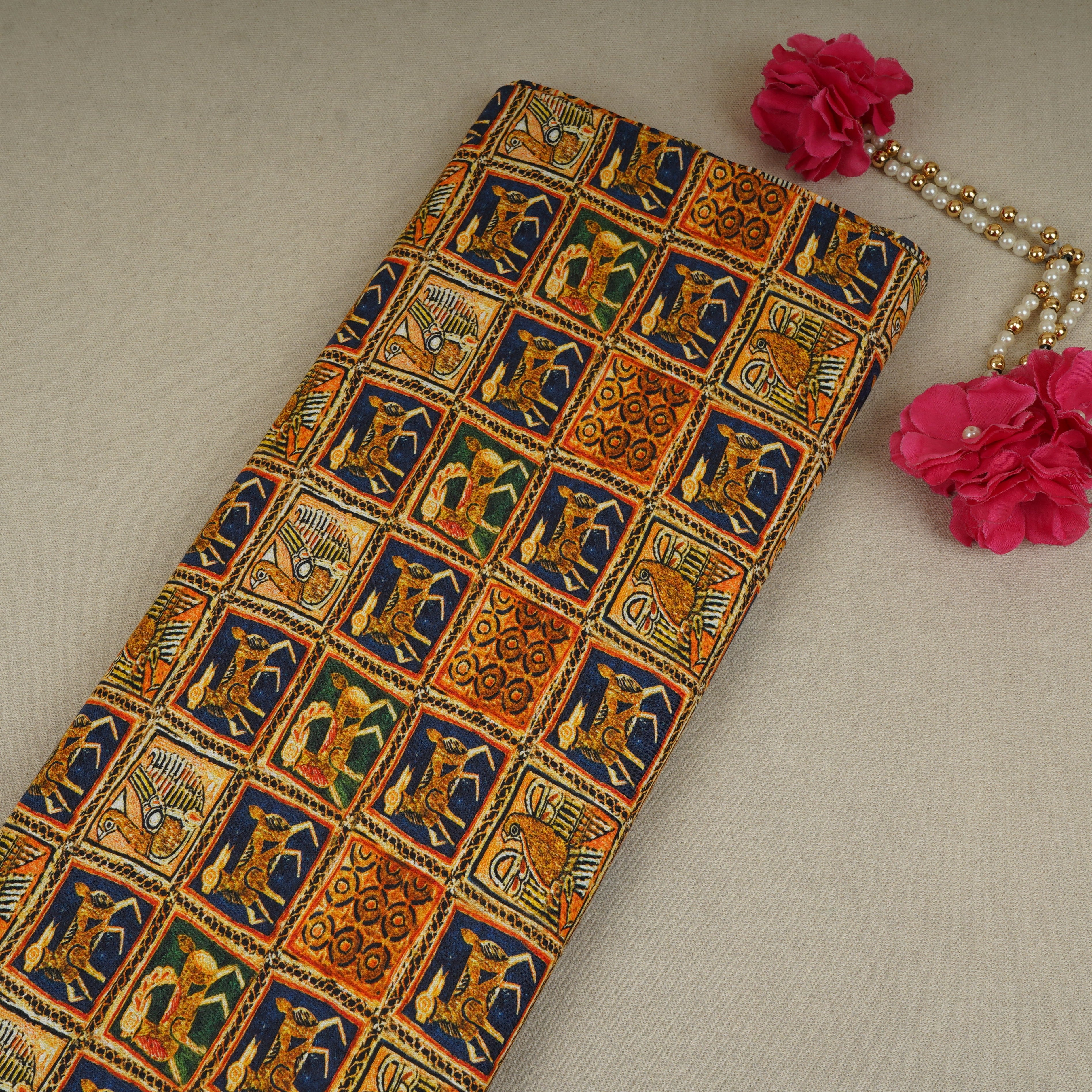 Blue & Gold Abstract Print Cotton Mulmul Fabric PG-30385 - TradeUNO