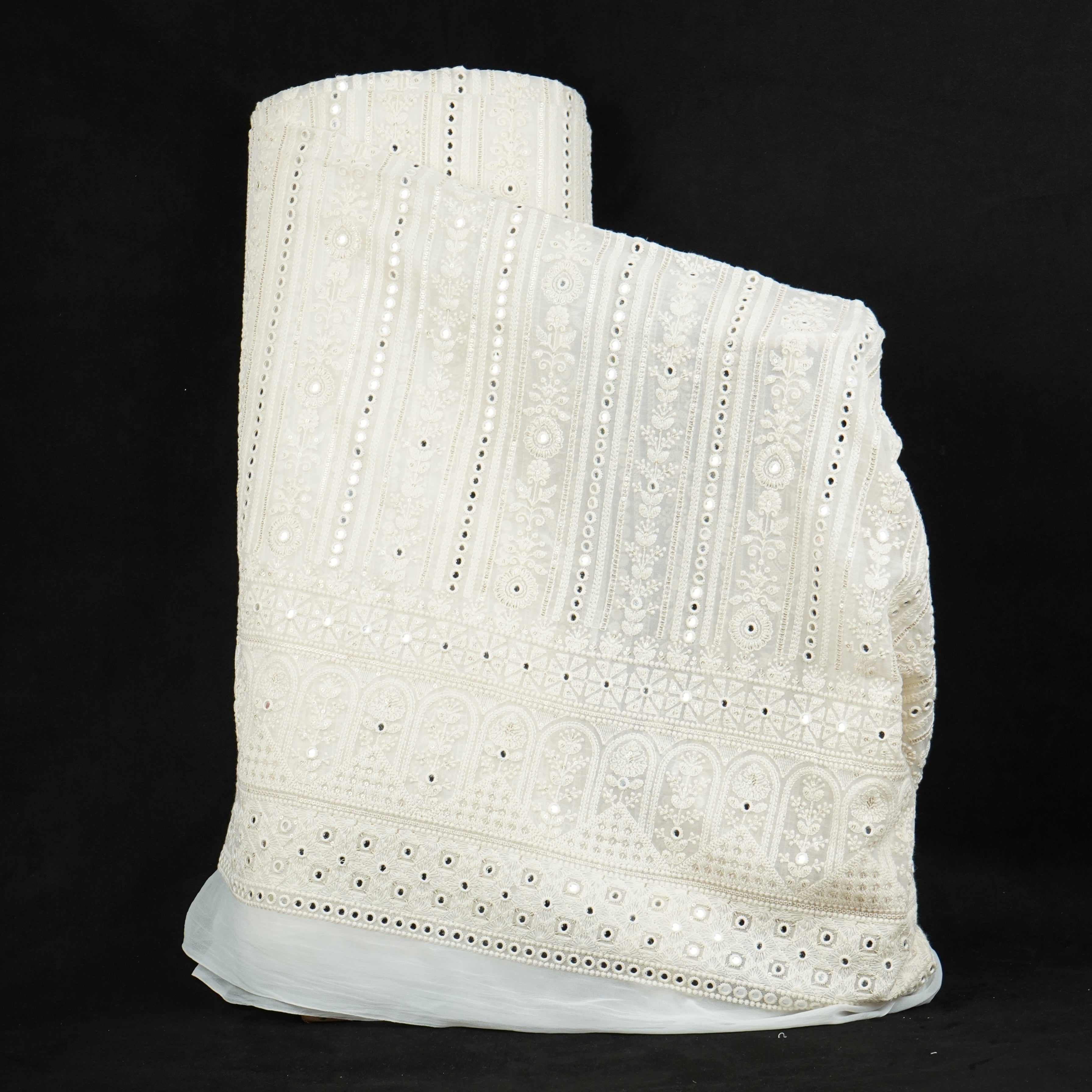 Off White Dyeable Chikankari Mirror Embroidery Georgette Fabric AT-30351 - TradeUNO