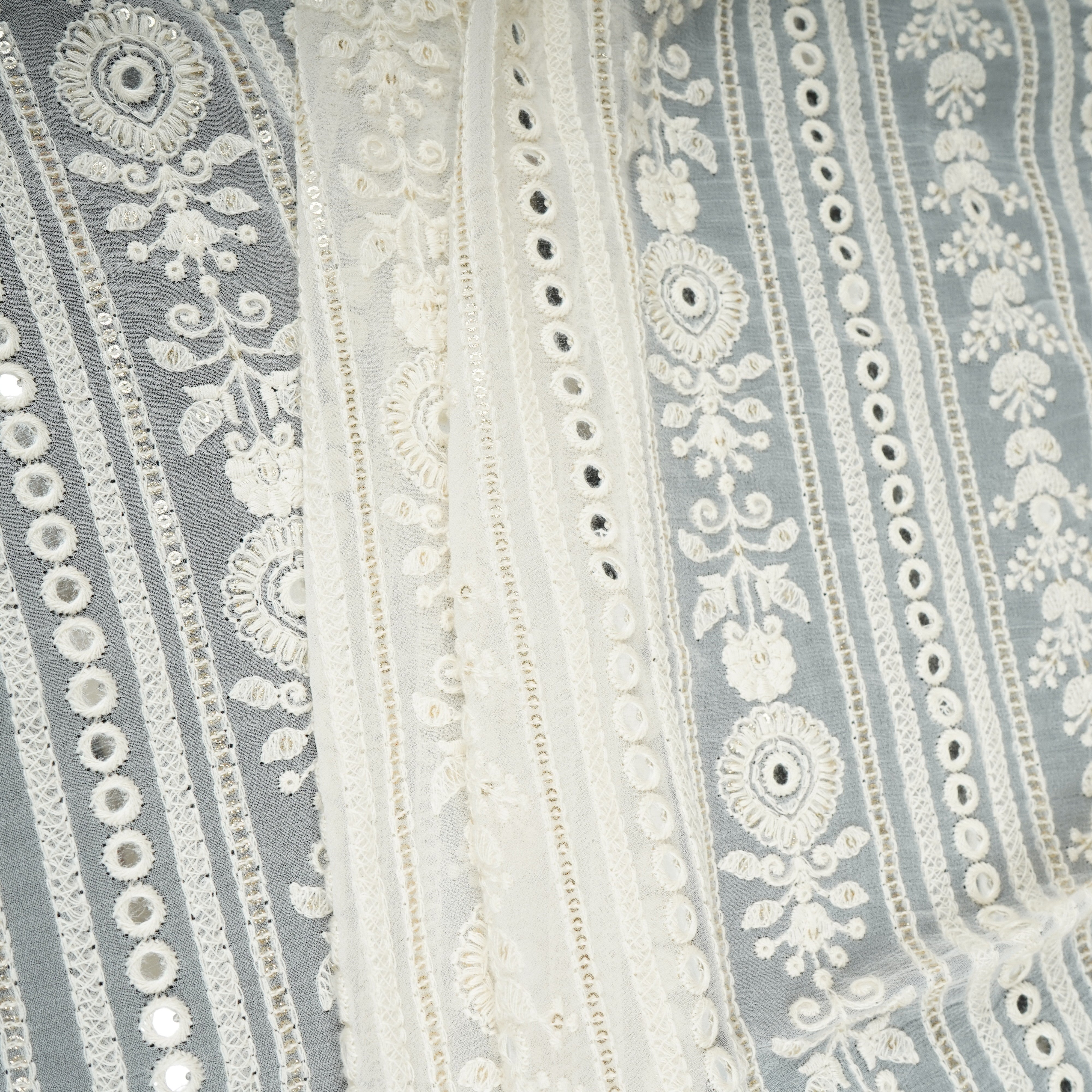 Off White Dyeable Chikankari Mirror Embroidery Georgette Fabric AT-30351 - TradeUNO