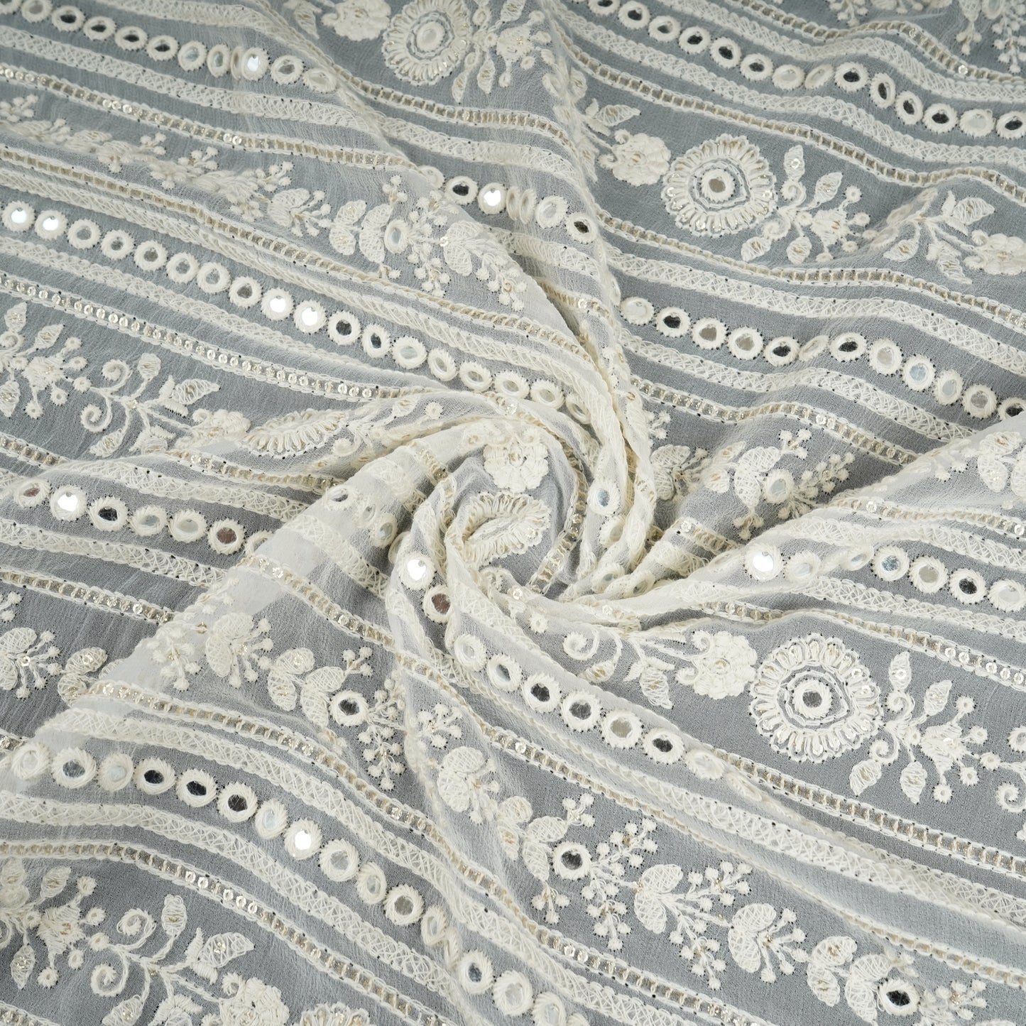 Off White Dyeable Chikankari Mirror Embroidery Georgette Fabric AT-30351