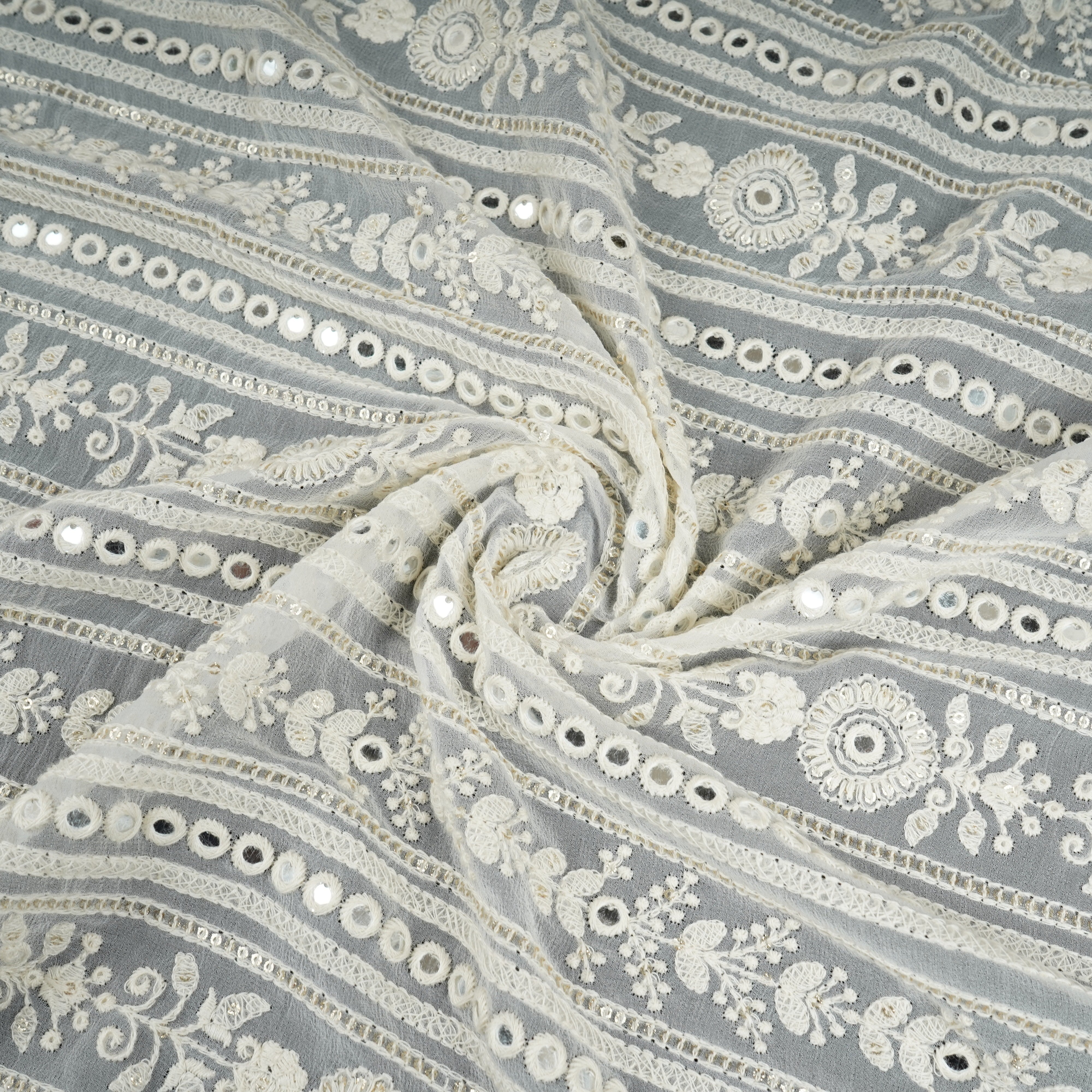 Off White Dyeable Chikankari Mirror Embroidery Georgette Fabric AT-30351 - TradeUNO