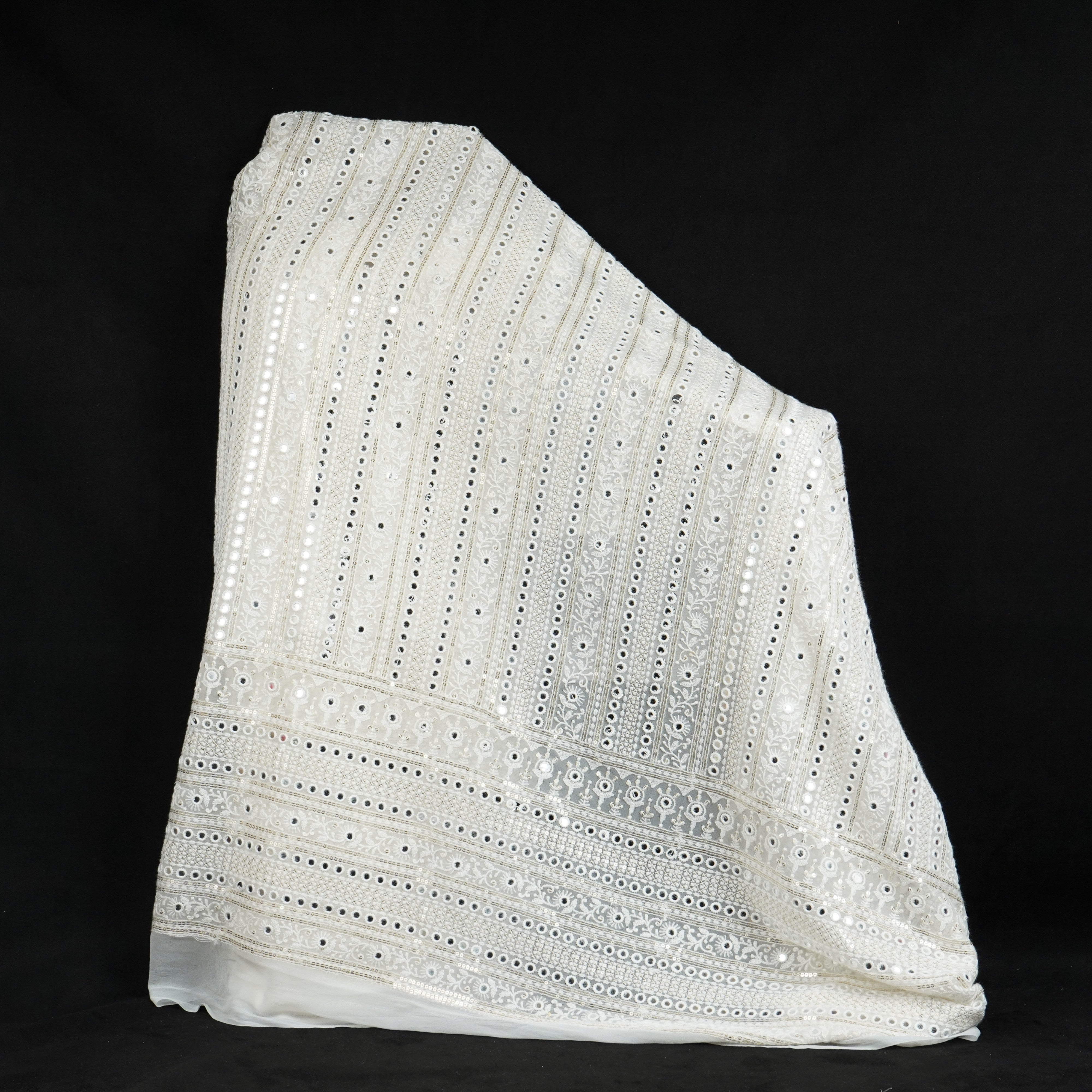 Off White Dyeable Mirror Embroidery Georgette Fabric AT-30350 - TradeUNO