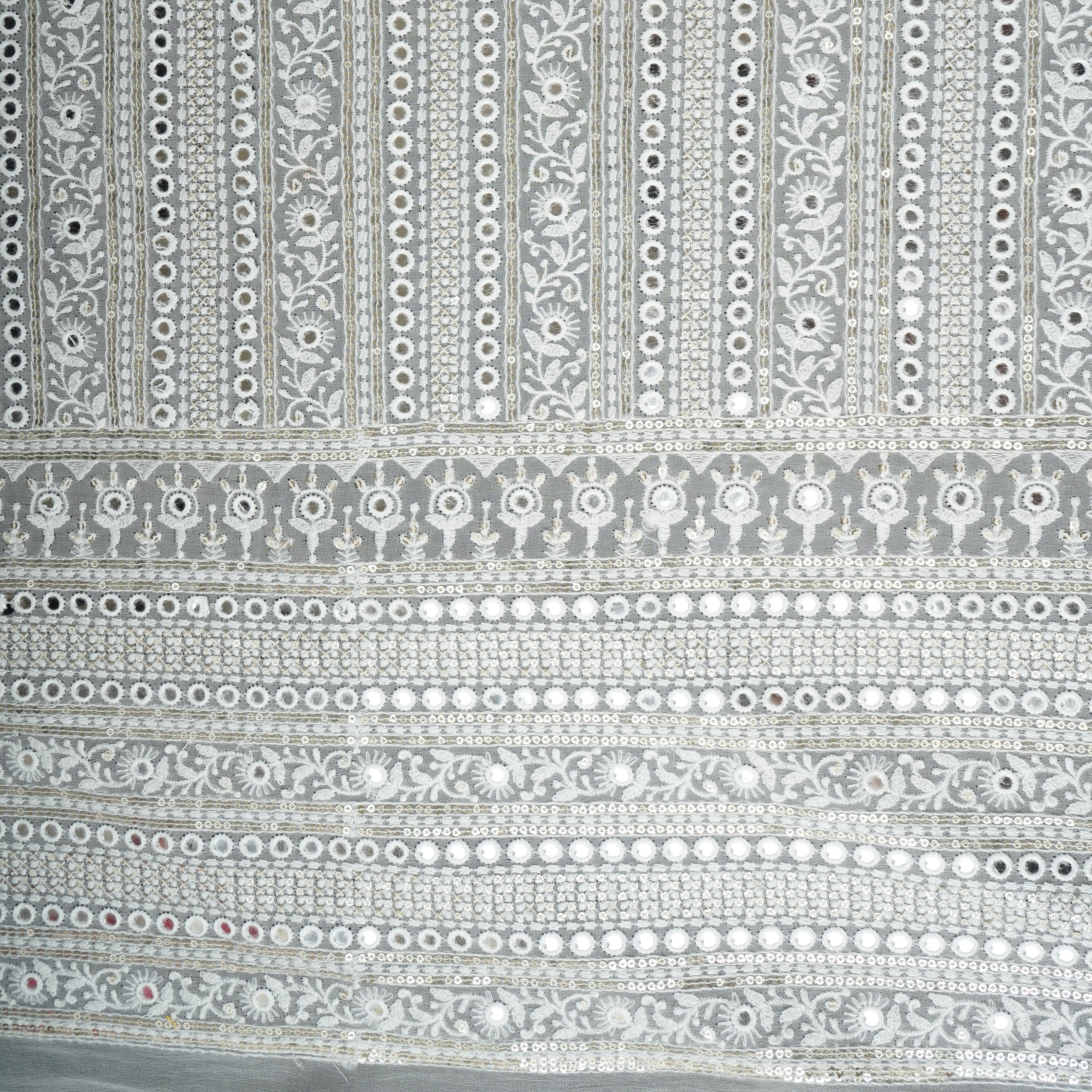Off White Dyeable Mirror Embroidery Georgette Fabric AT-30350 - TradeUNO