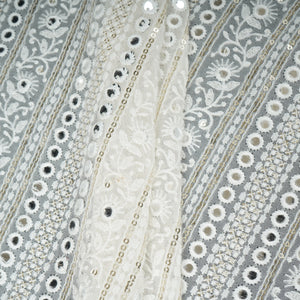 Off White Dyeable Mirror Embroidery Georgette Fabric AT-30350 - TradeUNO