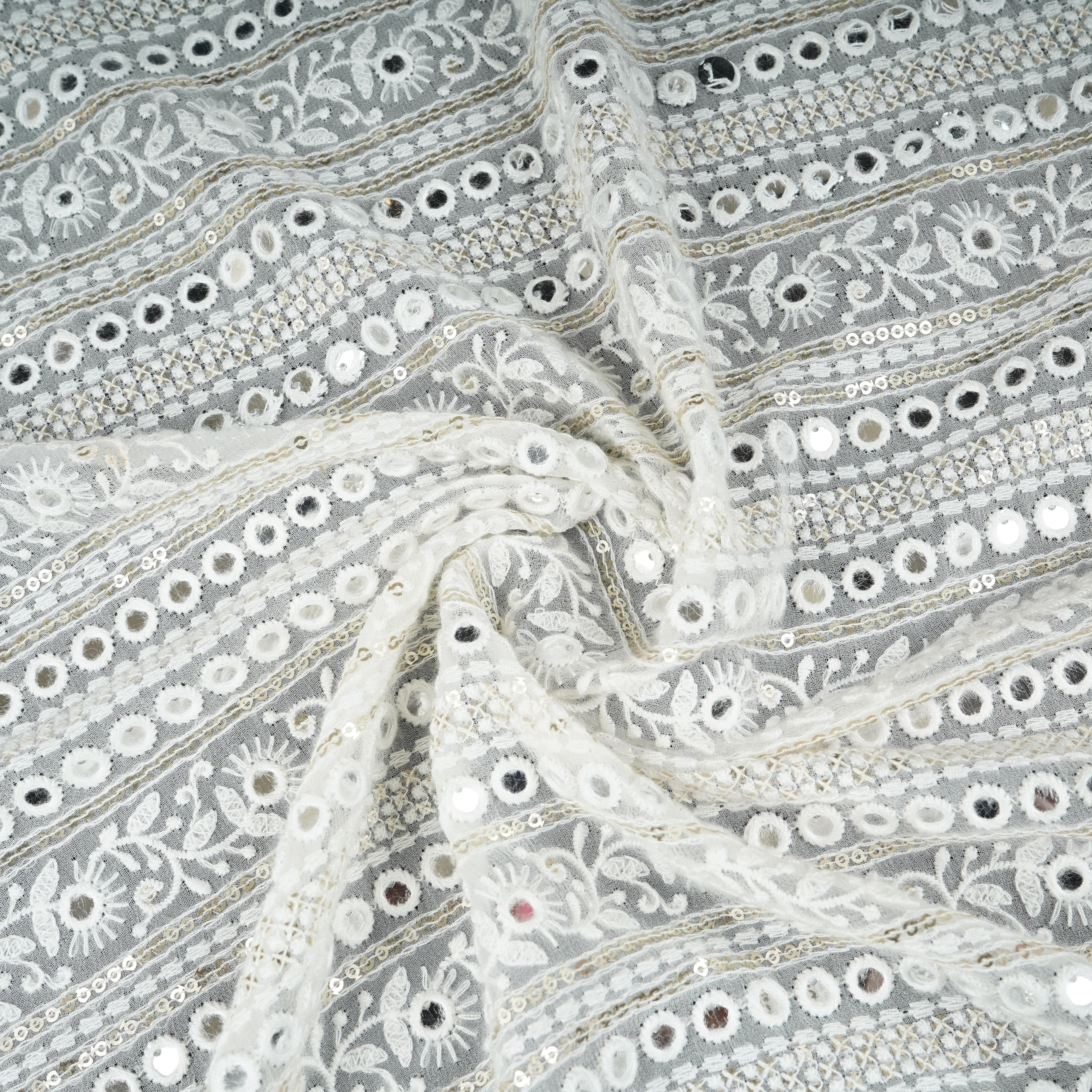 Off White Dyeable Mirror Embroidery Georgette Fabric AT-30350 - TradeUNO
