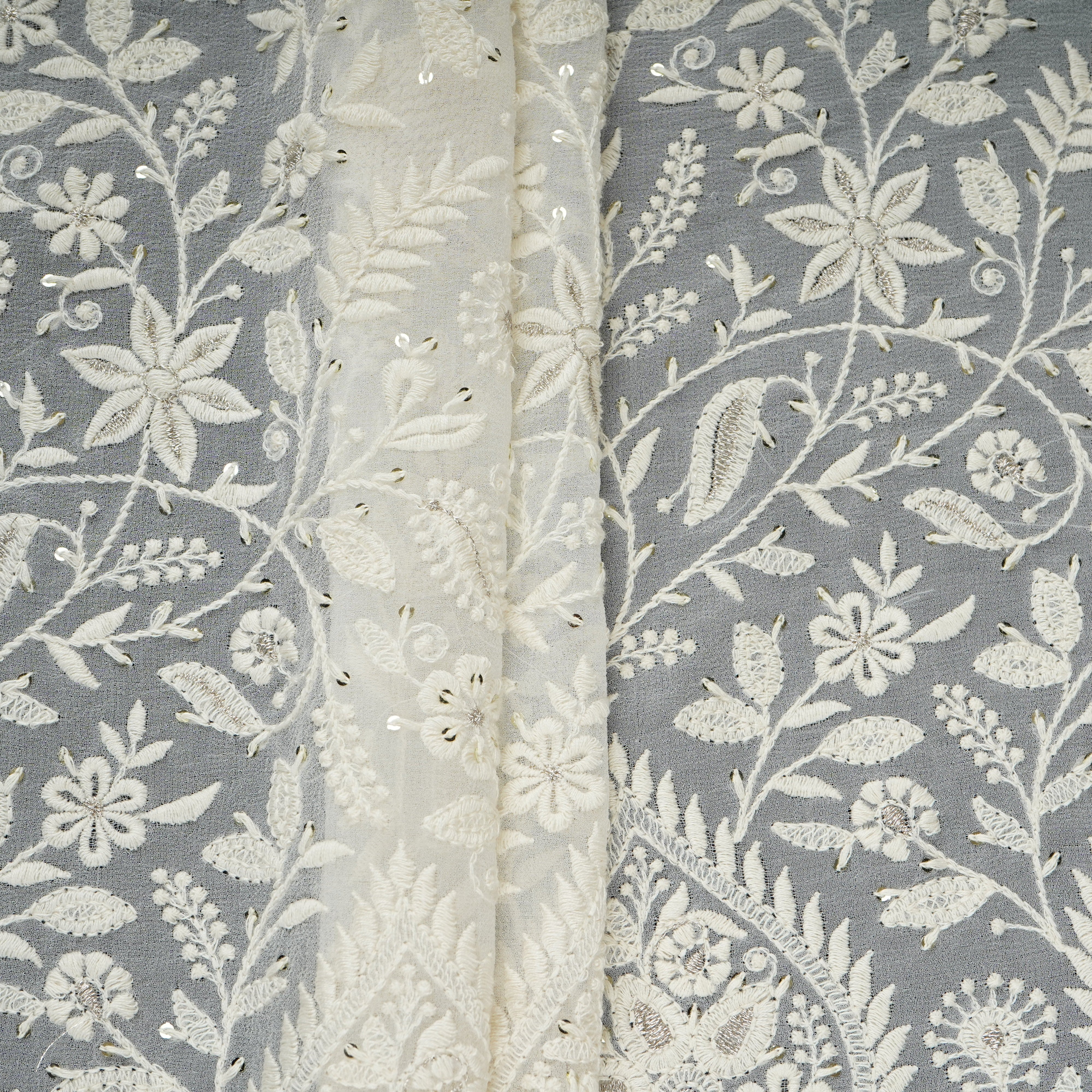 Off White Dyeable Mirror Embroidery Georgette Fabric AT-30349 - TradeUNO