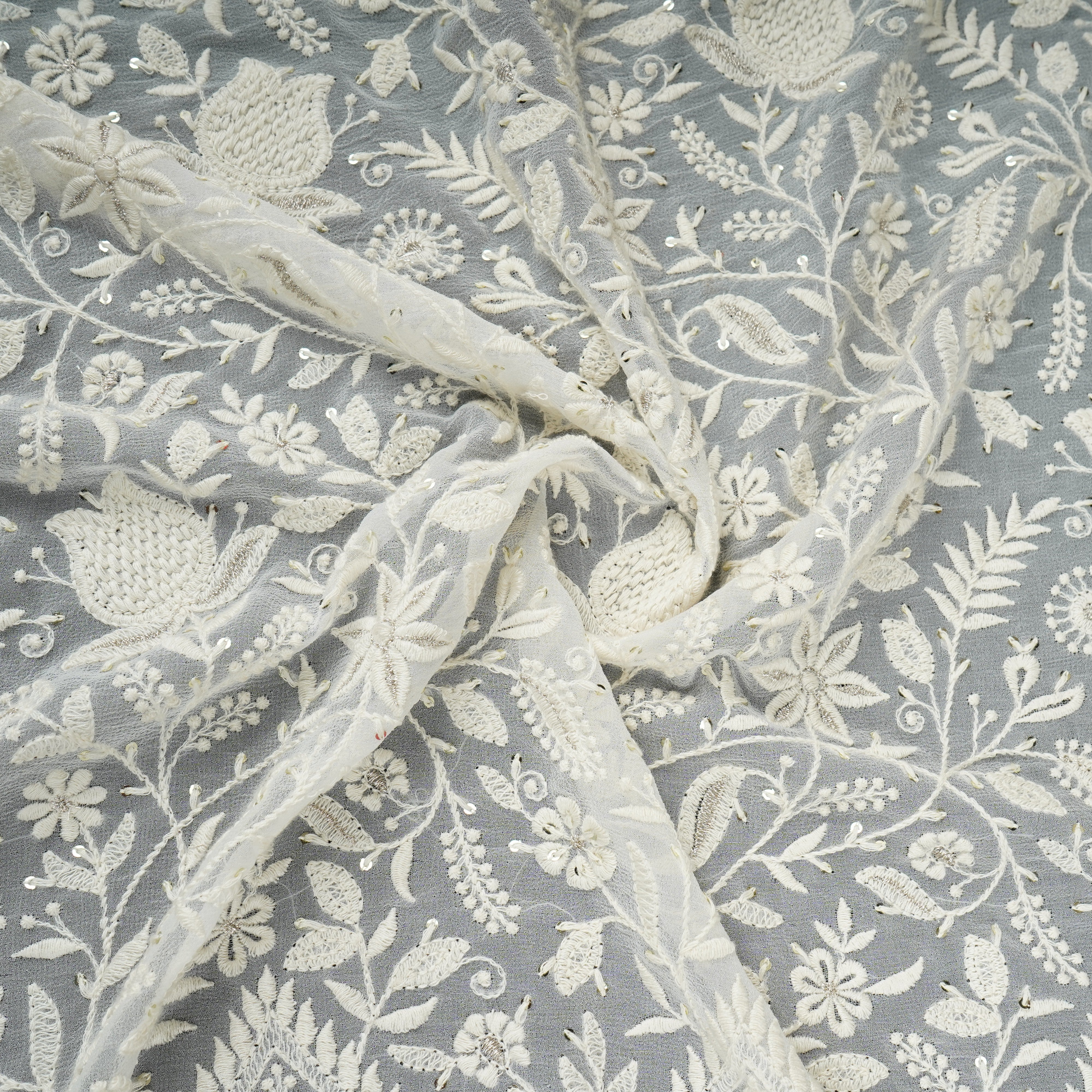 Off White Dyeable Mirror Embroidery Georgette Fabric AT-30349 - TradeUNO
