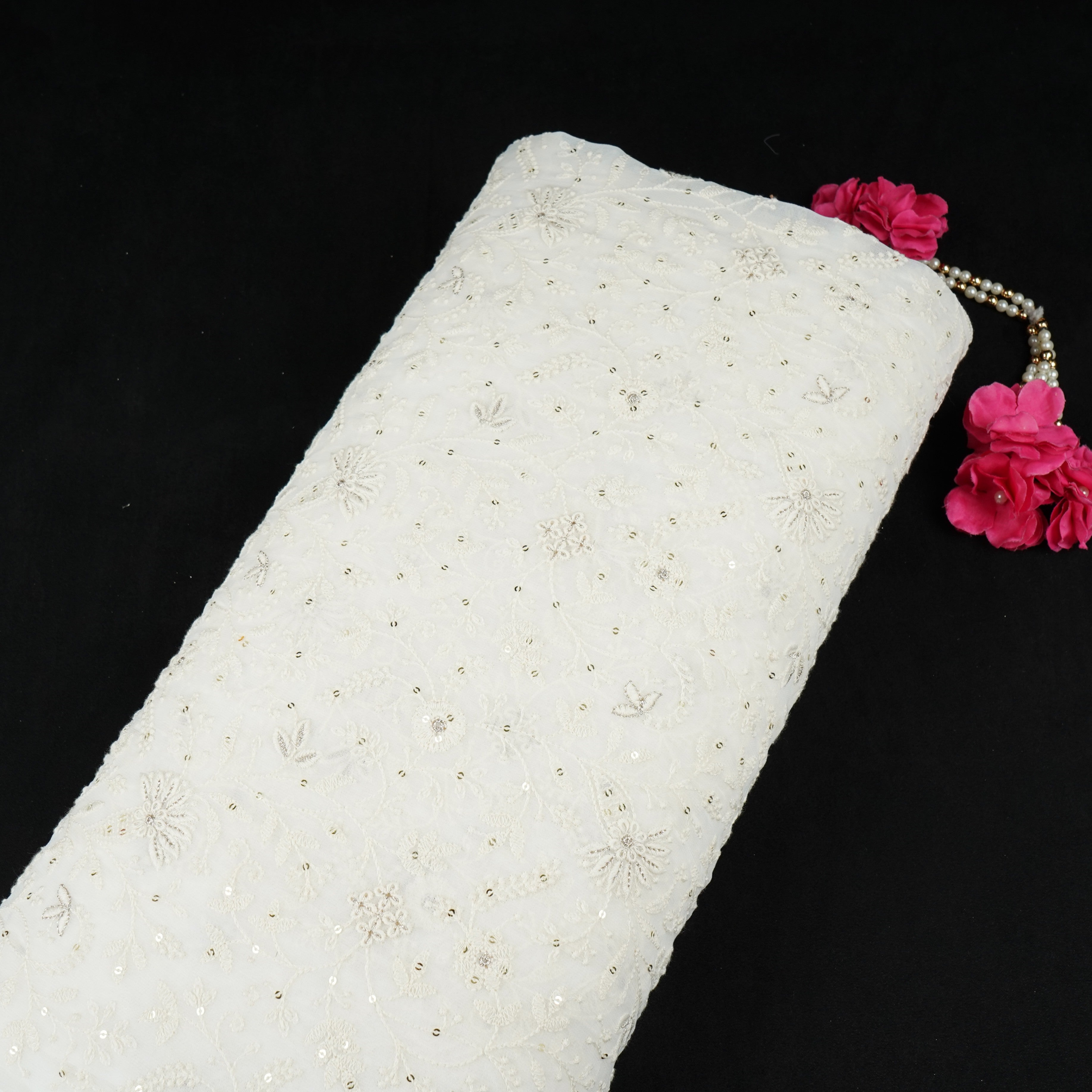 Off White Dyeable Chikankari Embroidery Georgette Fabric AT-30352 - TradeUNO