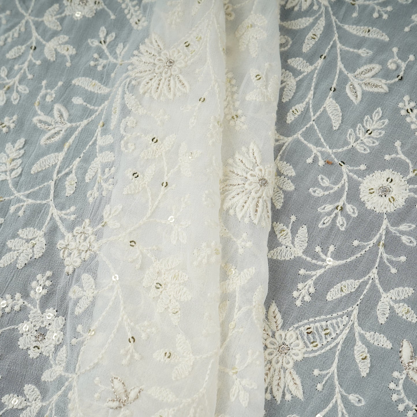 Off White Dyeable Chikankari Embroidery Georgette Fabric AT-30352