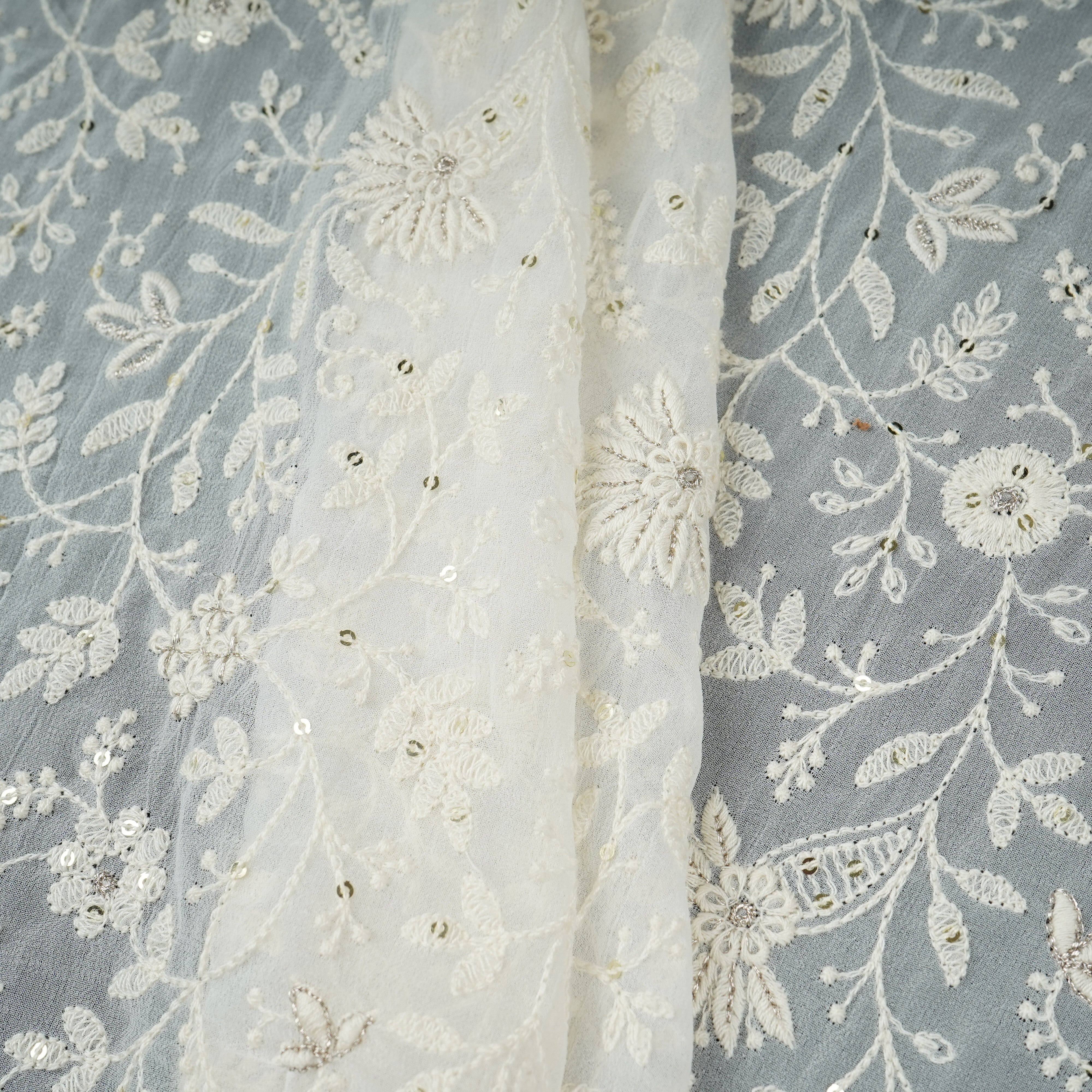 Off White Dyeable Chikankari Embroidery Georgette Fabric AT-30352 - TradeUNO