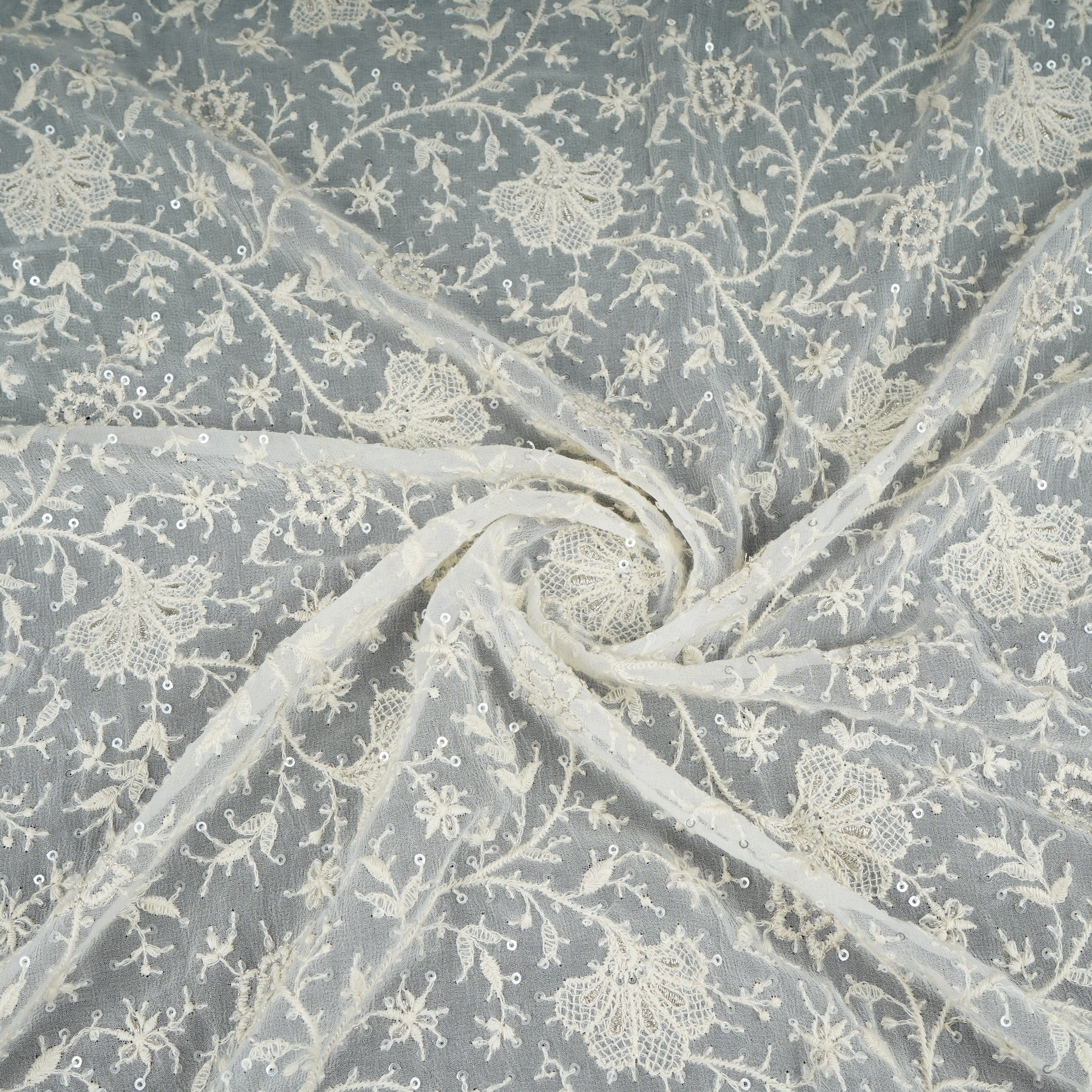 Off White Dyeable Chikankari Embroidery Georgette Fabric AT-30353 - TradeUNO