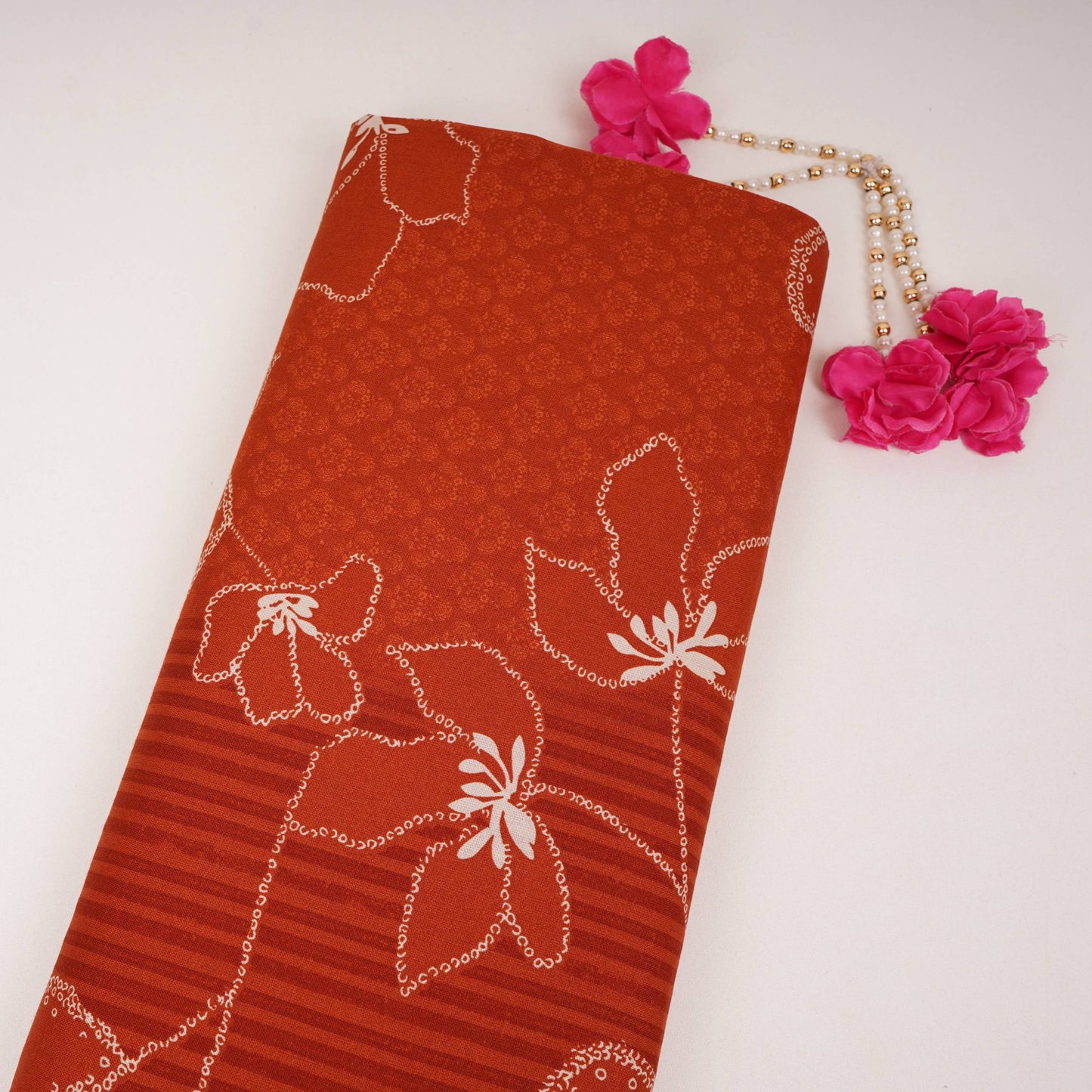 Rust Orange Floral Stripes Print Cotton Fabric DE-32293