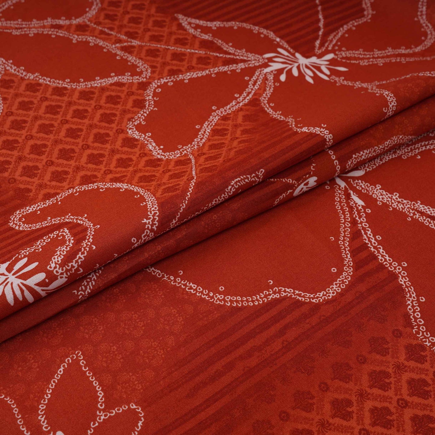 Rust Orange Floral Stripes Print Cotton Fabric DE-32293