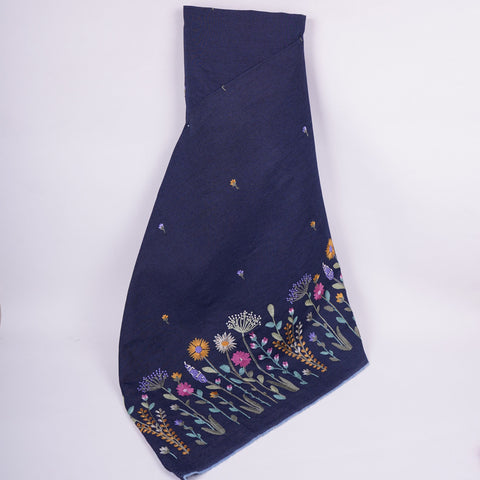 Dark Blue Border floral embroidery Denim Fabric GPF-32287
