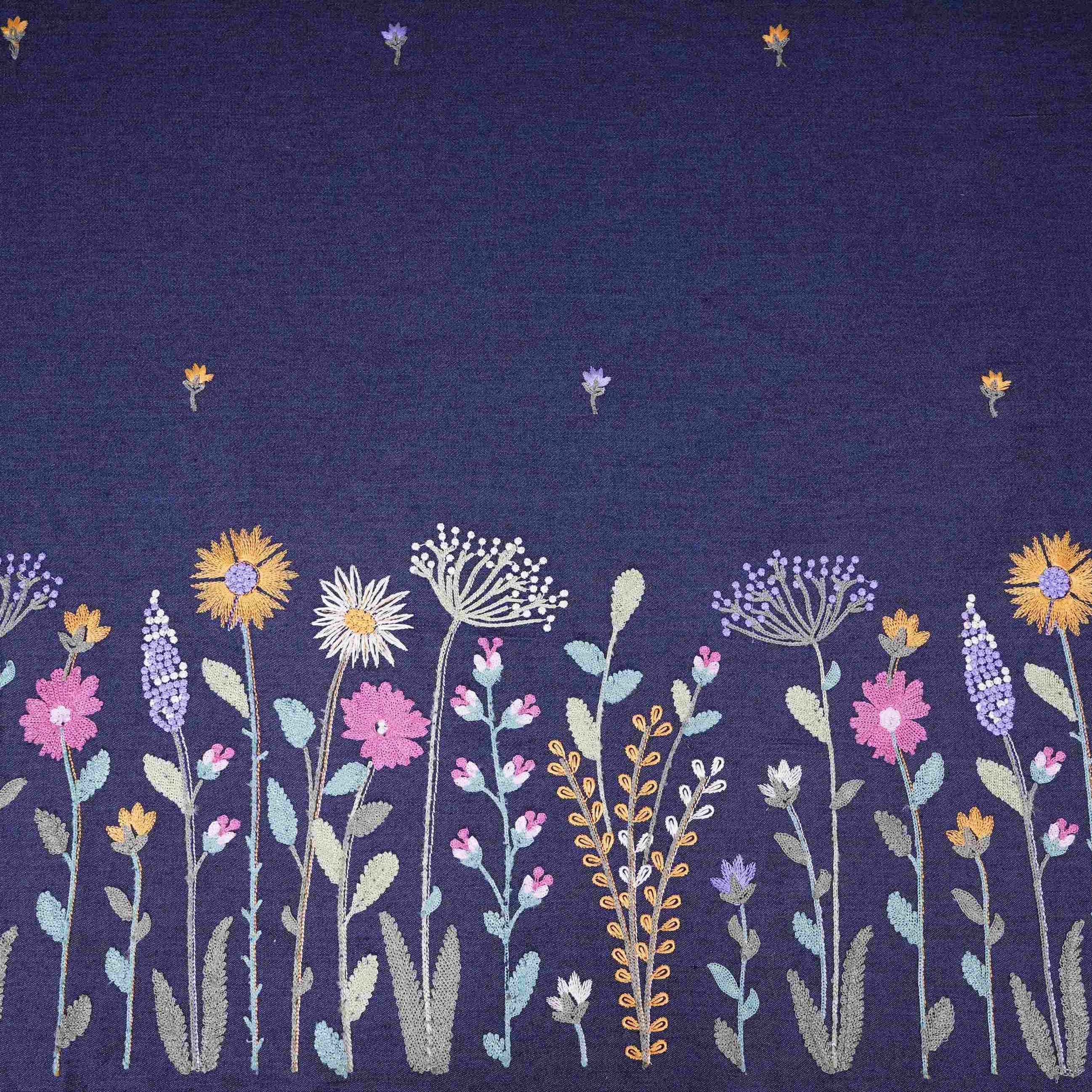 Dark Blue Border floral embroidery Denim Fabric GPF-32287 - TradeUNO