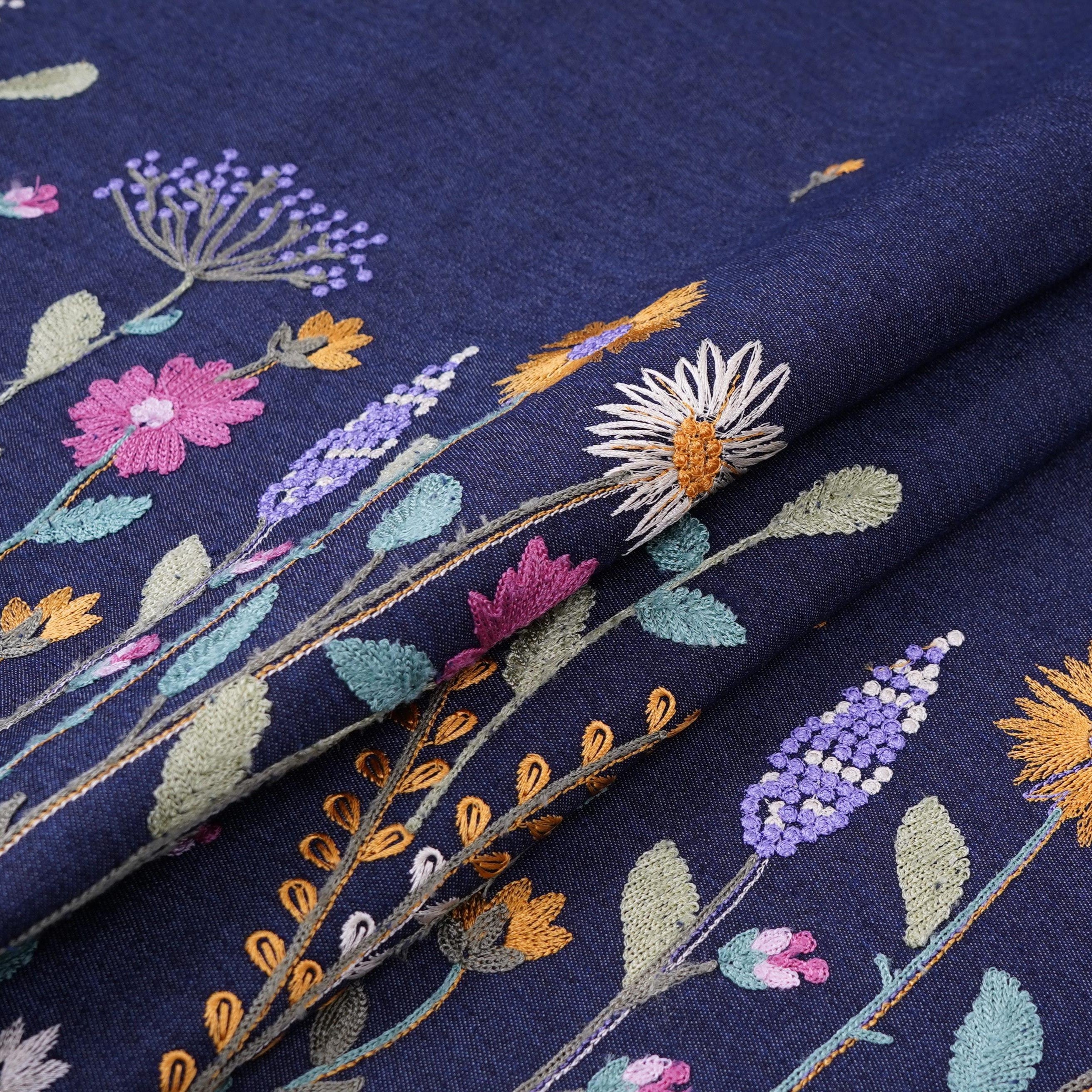 Dark Blue Border floral embroidery Denim Fabric GPF-32287 - TradeUNO