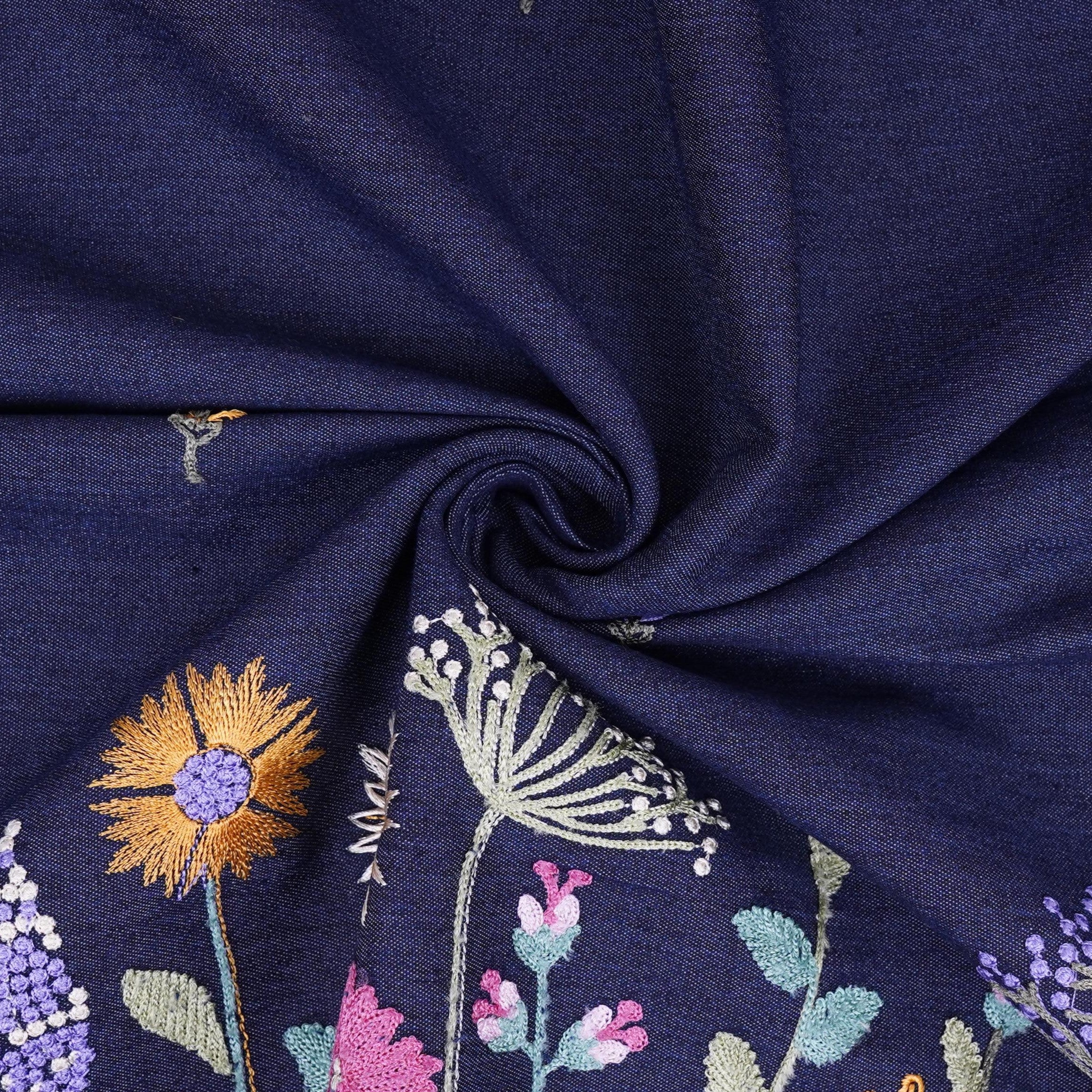 Dark Blue Border floral embroidery Denim Fabric GPF-32287 - TradeUNO