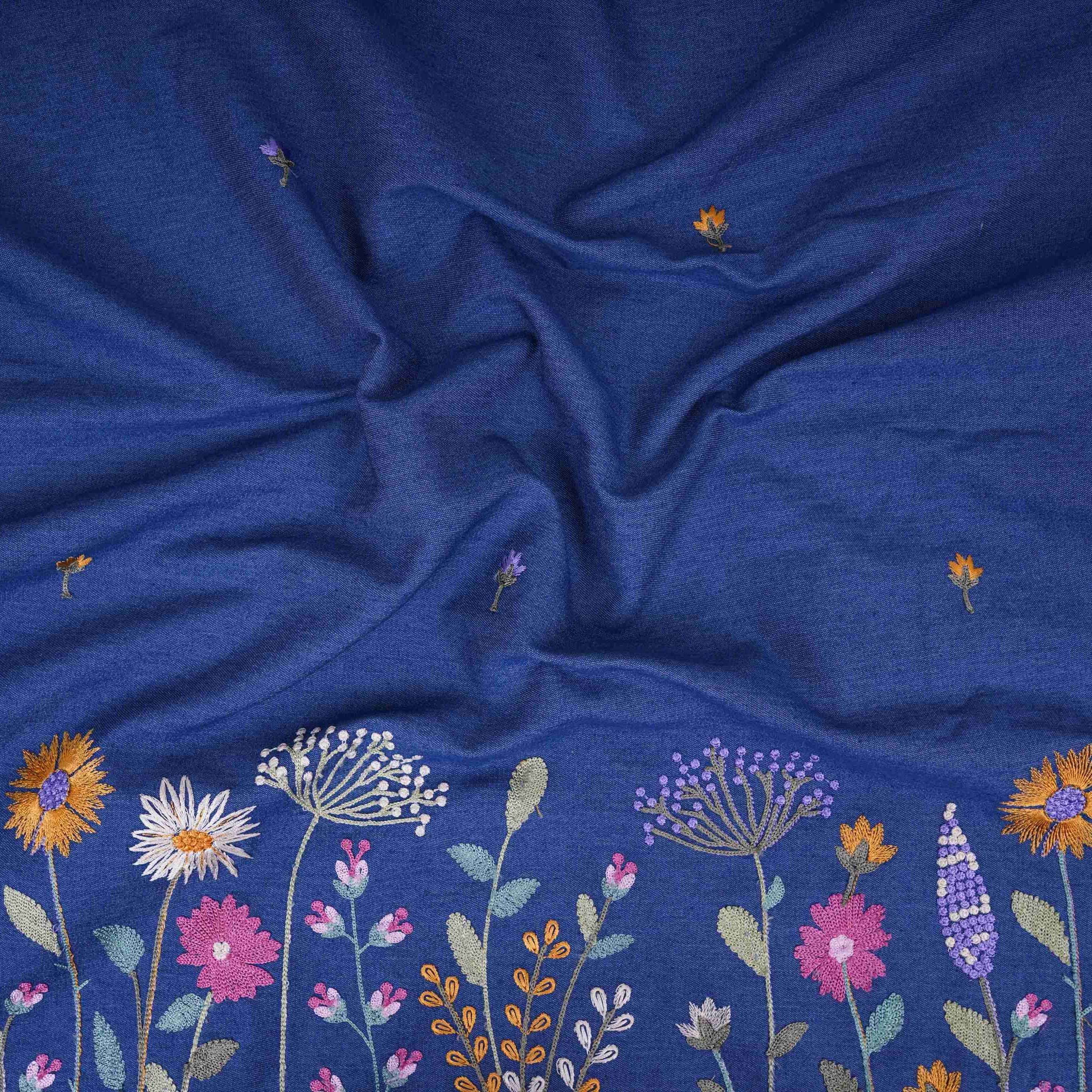 Blue Border floral embroidery Denim Fabric GPF-32288 - TradeUNO