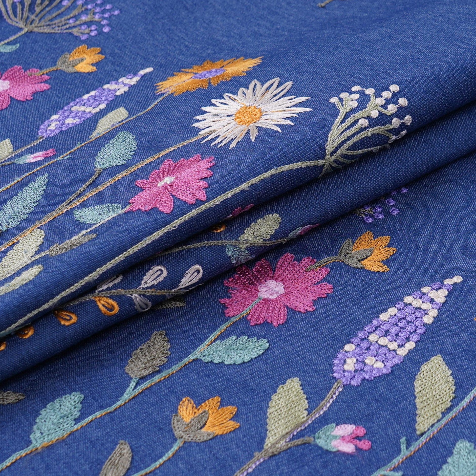 Blue Border floral embroidery Denim Fabric GPF-32288 - TradeUNO