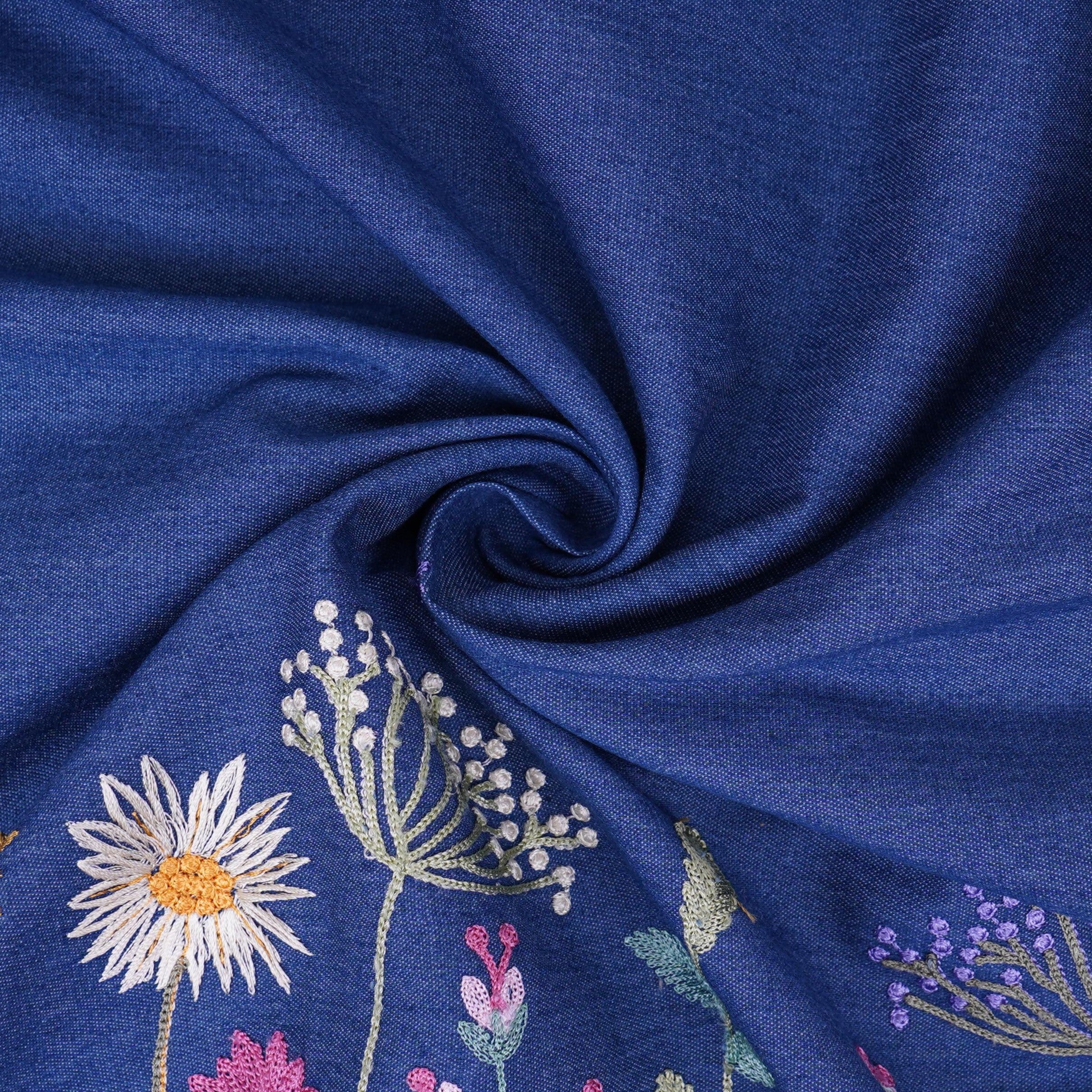 Blue Border floral embroidery Denim Fabric GPF-32288 - TradeUNO