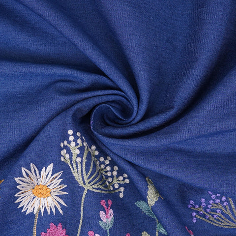 Blue Border floral embroidery Denim Fabric GPF-32288