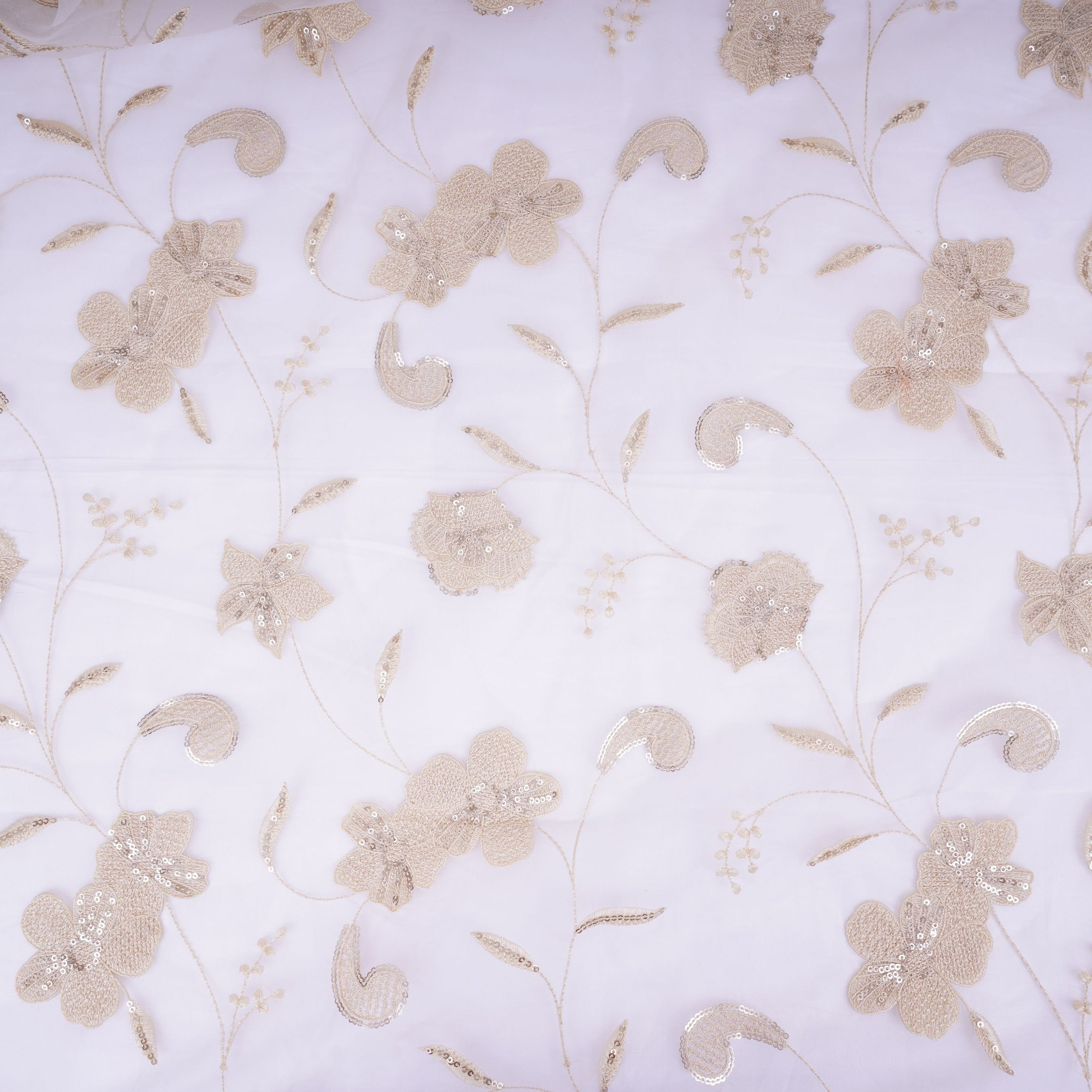 Off White floral Sequins embroidery Pure 27gm Organza Fabric GPF-32286 - TradeUNO