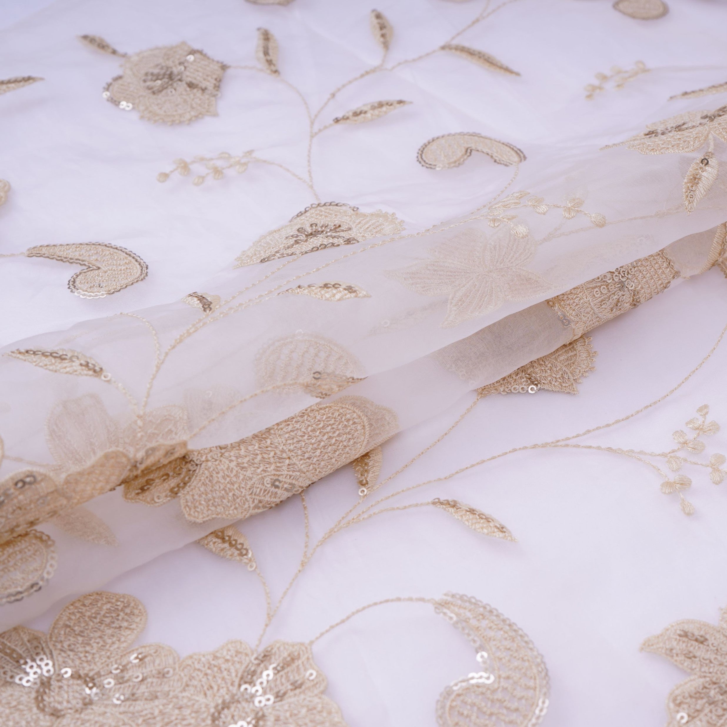Off White floral Sequins embroidery Pure 27gm Organza Fabric GPF-32286 - TradeUNO