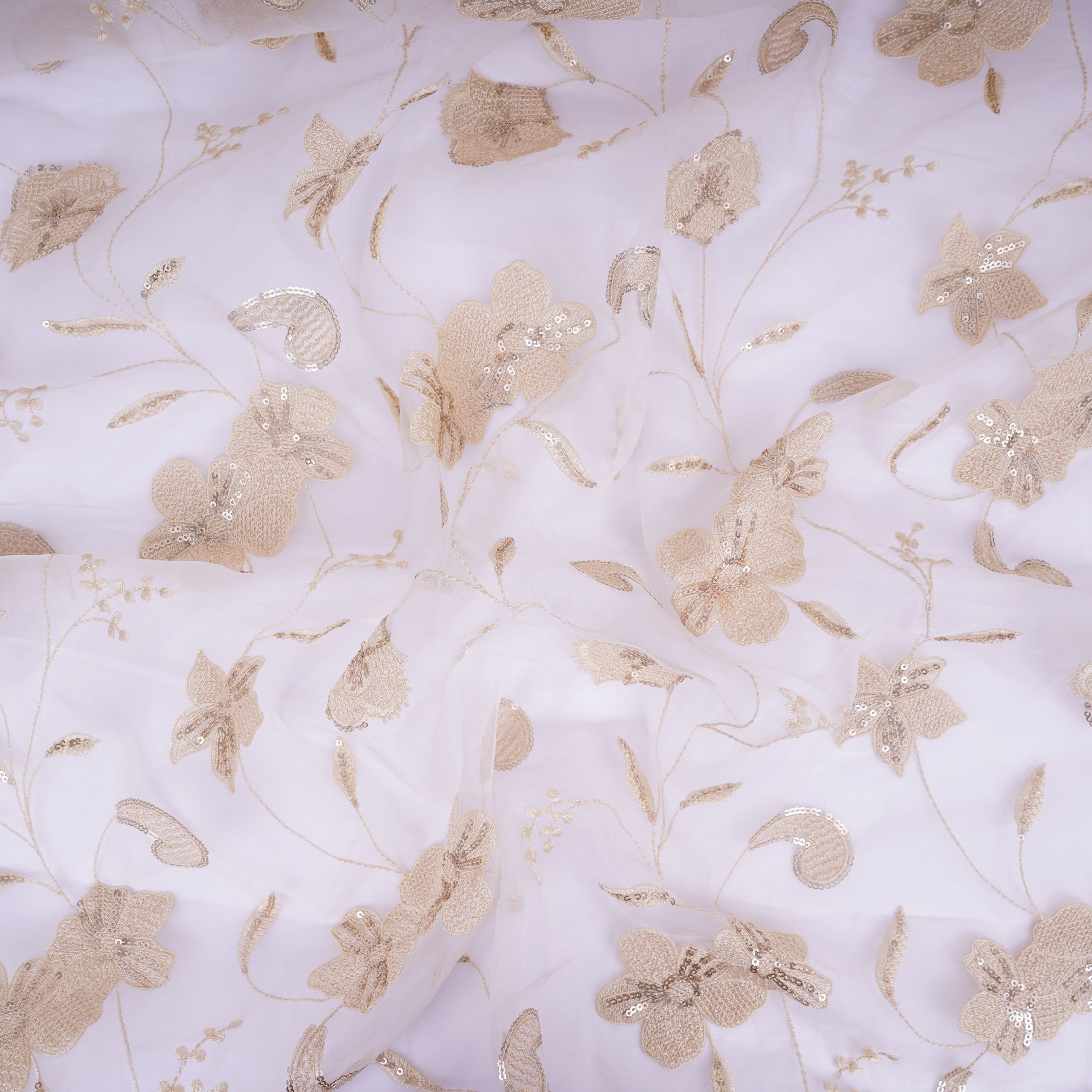 Off White floral Sequins embroidery Pure 27gm Organza Fabric GPF-32286 - TradeUNO