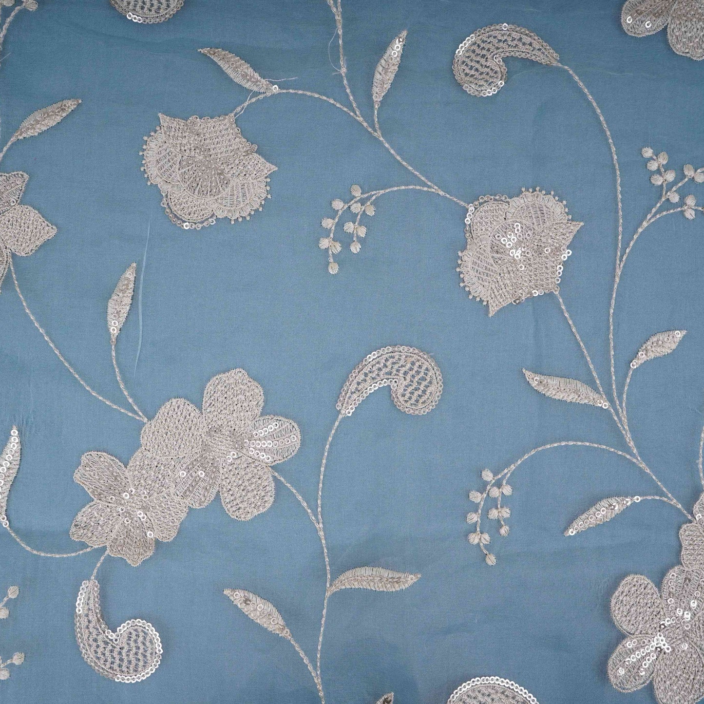 Sky Blue floral Sequins embroidery Pure 27gm Organza Fabric GPF-32284