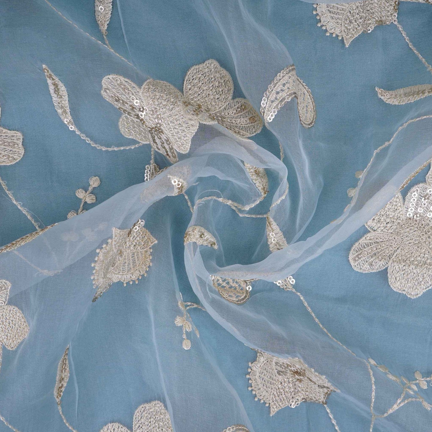 Sky Blue floral Sequins embroidery Pure 27gm Organza Fabric GPF-32284