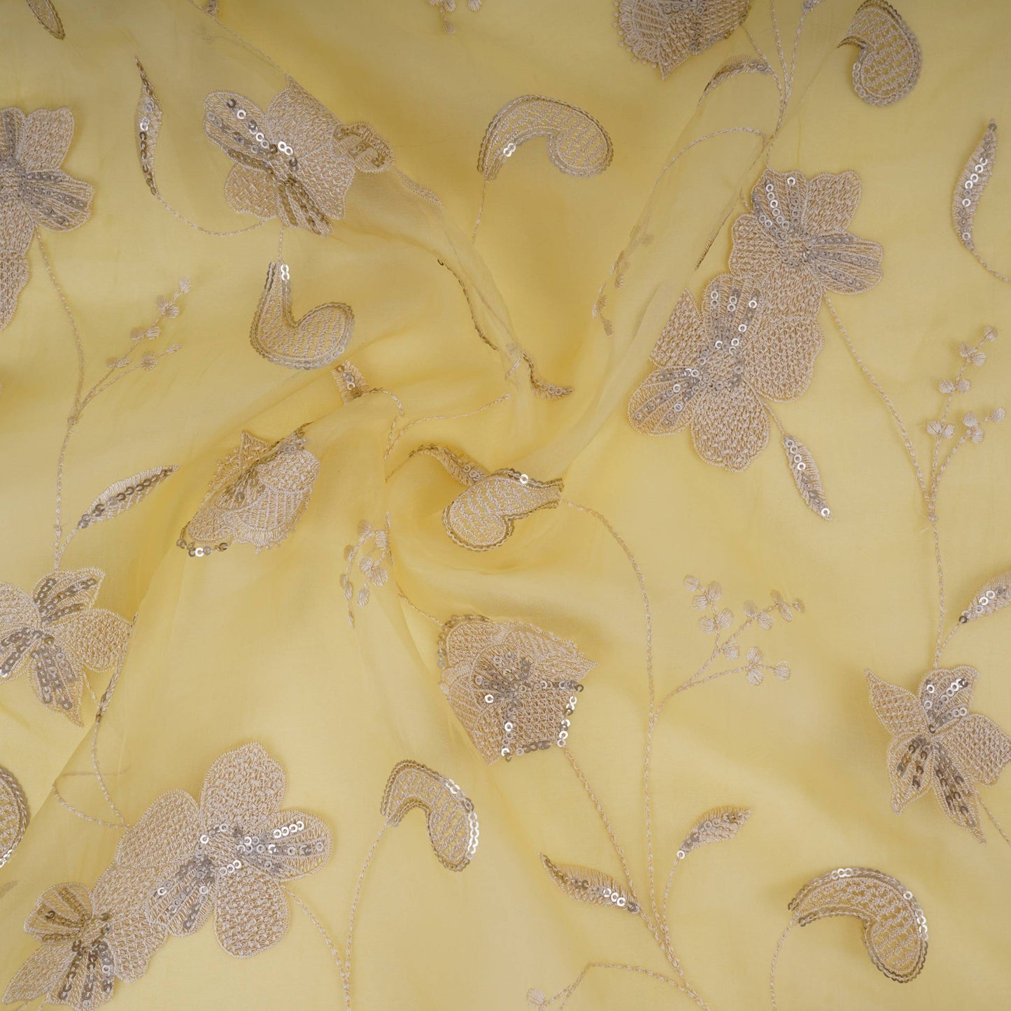 Lime Green floral Sequins embroidery Pure 27gm Organza Fabric GPF-32283