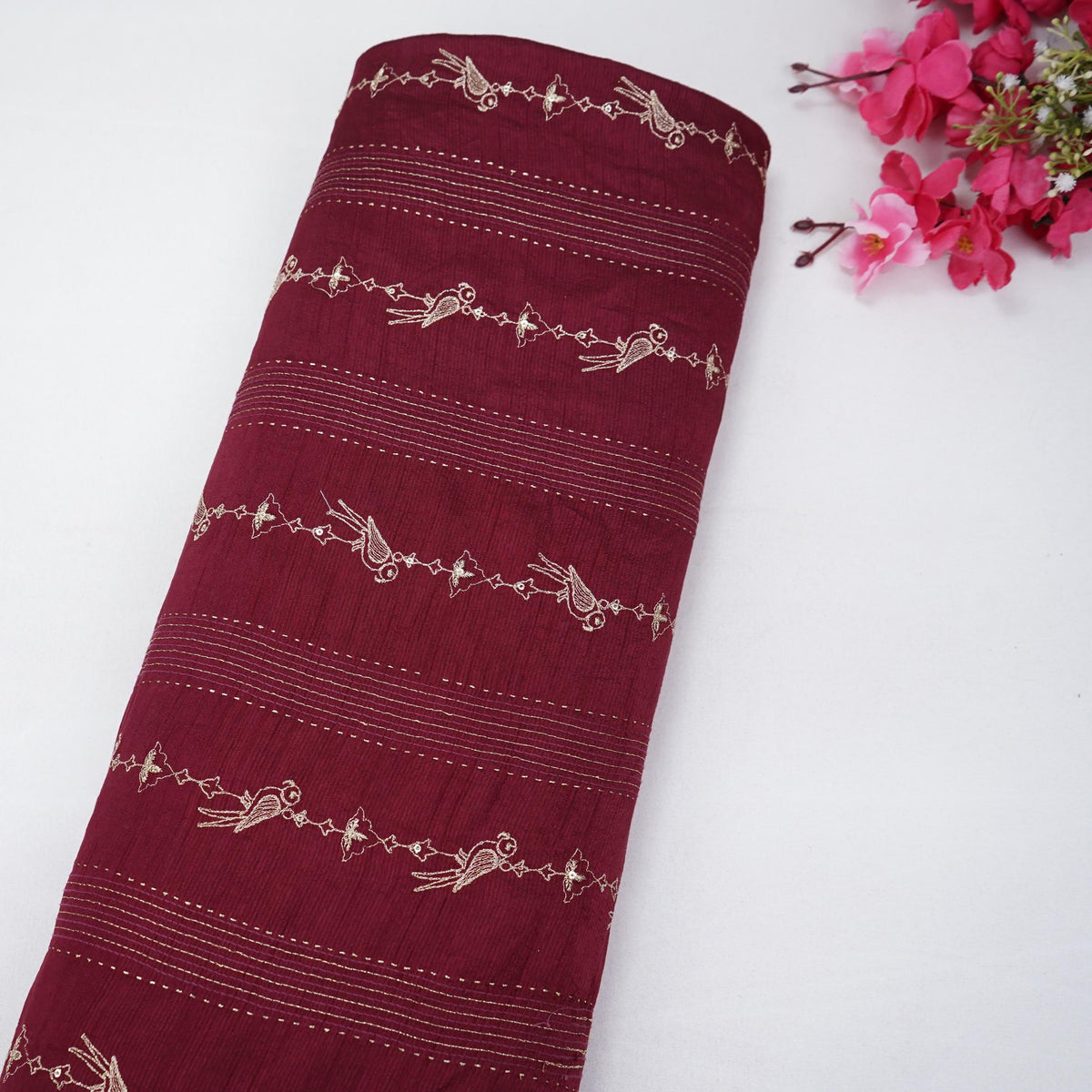 Maroon Golden Zari Embroidery Dupion Silk Fabric AT-35107