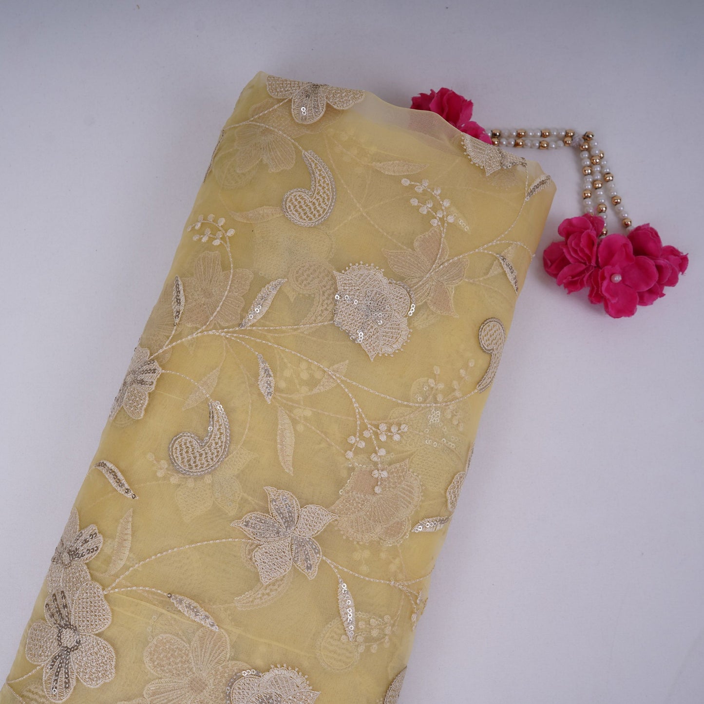 Lime Green floral Sequins embroidery Pure 27gm Organza Fabric GPF-32283