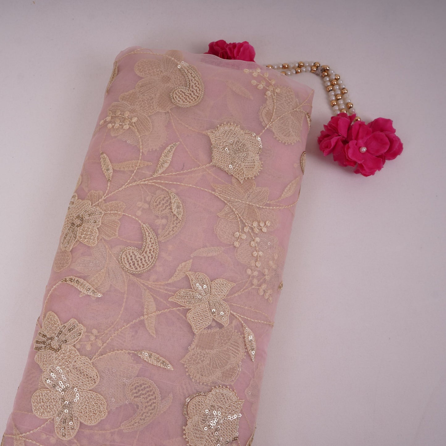 Pink floral Sequins embroidery Pure 27gm Organza Fabric GPF-32285