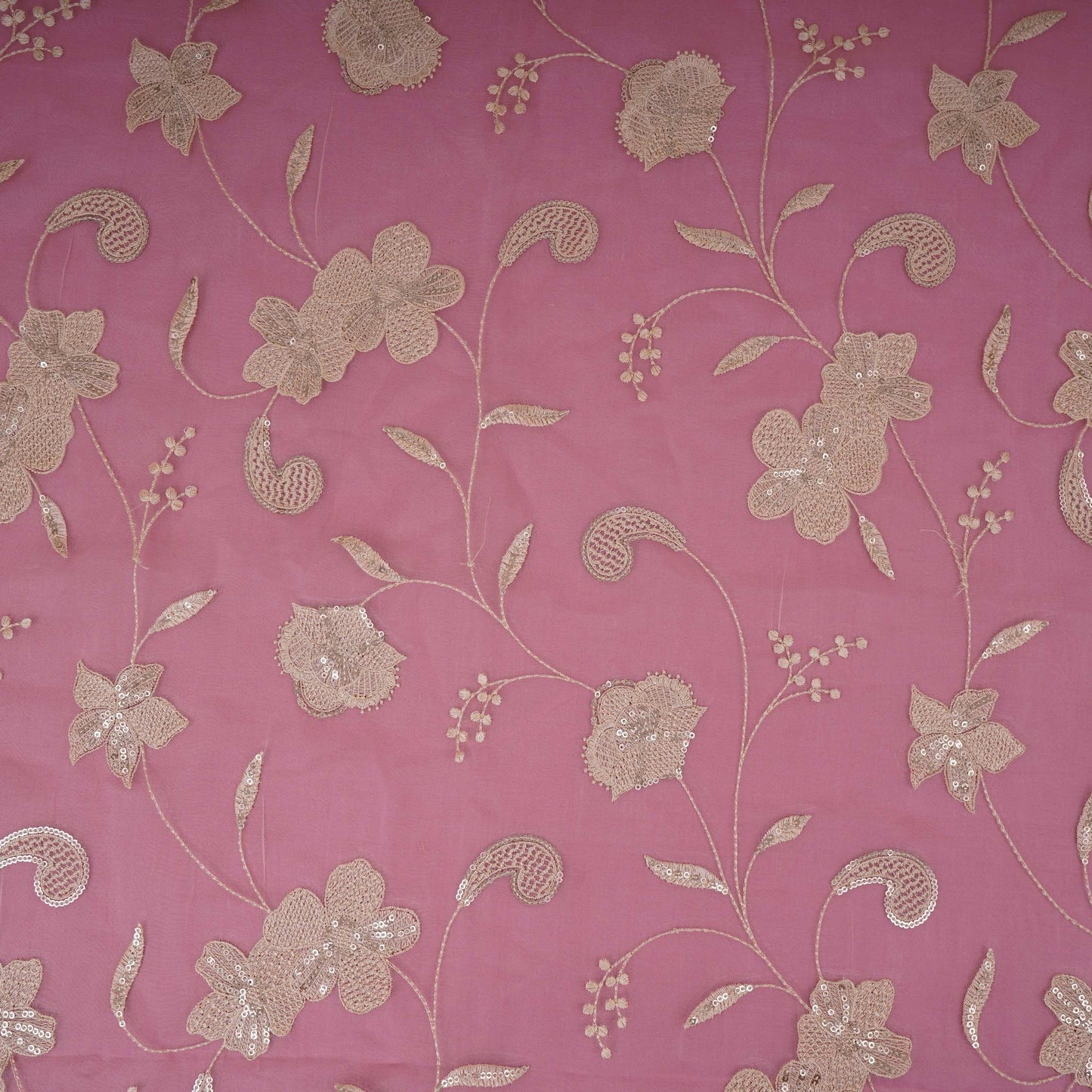Pink floral Sequins embroidery Pure 27gm Organza Fabric GPF-32285