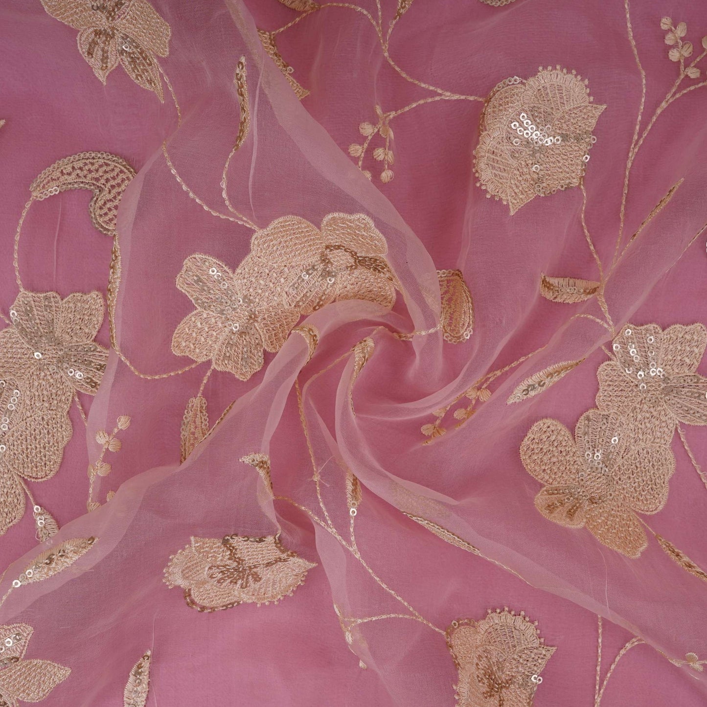 Pink floral Sequins embroidery Pure 27gm Organza Fabric GPF-32285