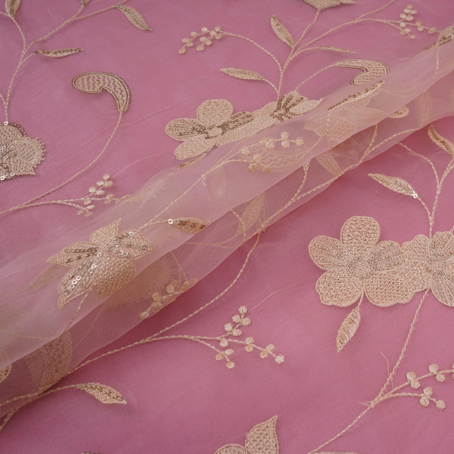 Pink floral Sequins embroidery Pure 27gm Organza Fabric GPF-32285