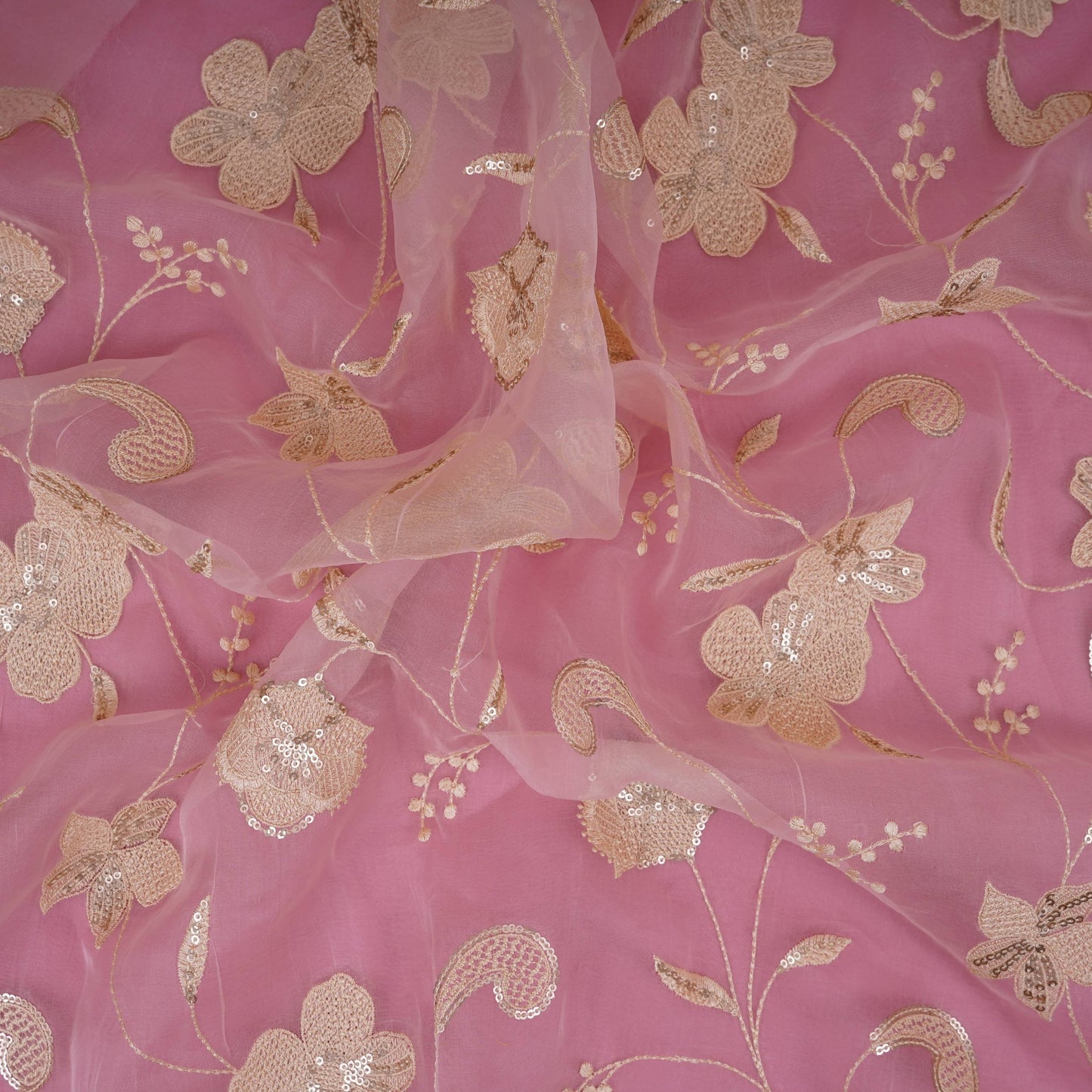 Pink floral Sequins embroidery Pure 27gm Organza Fabric GPF-32285