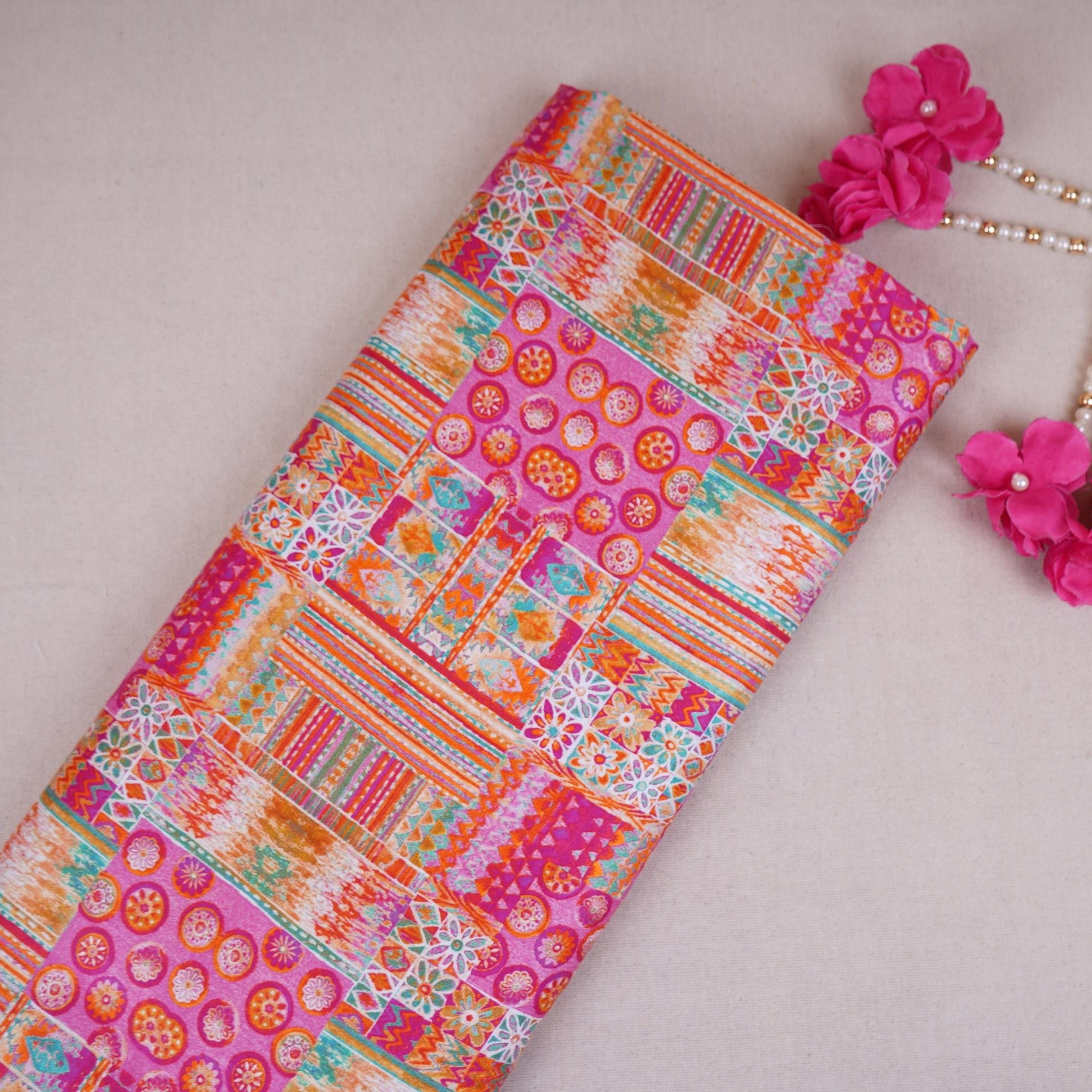 Pink Abstract Print Cotton Satin Fabric PG-30392 - TradeUNO