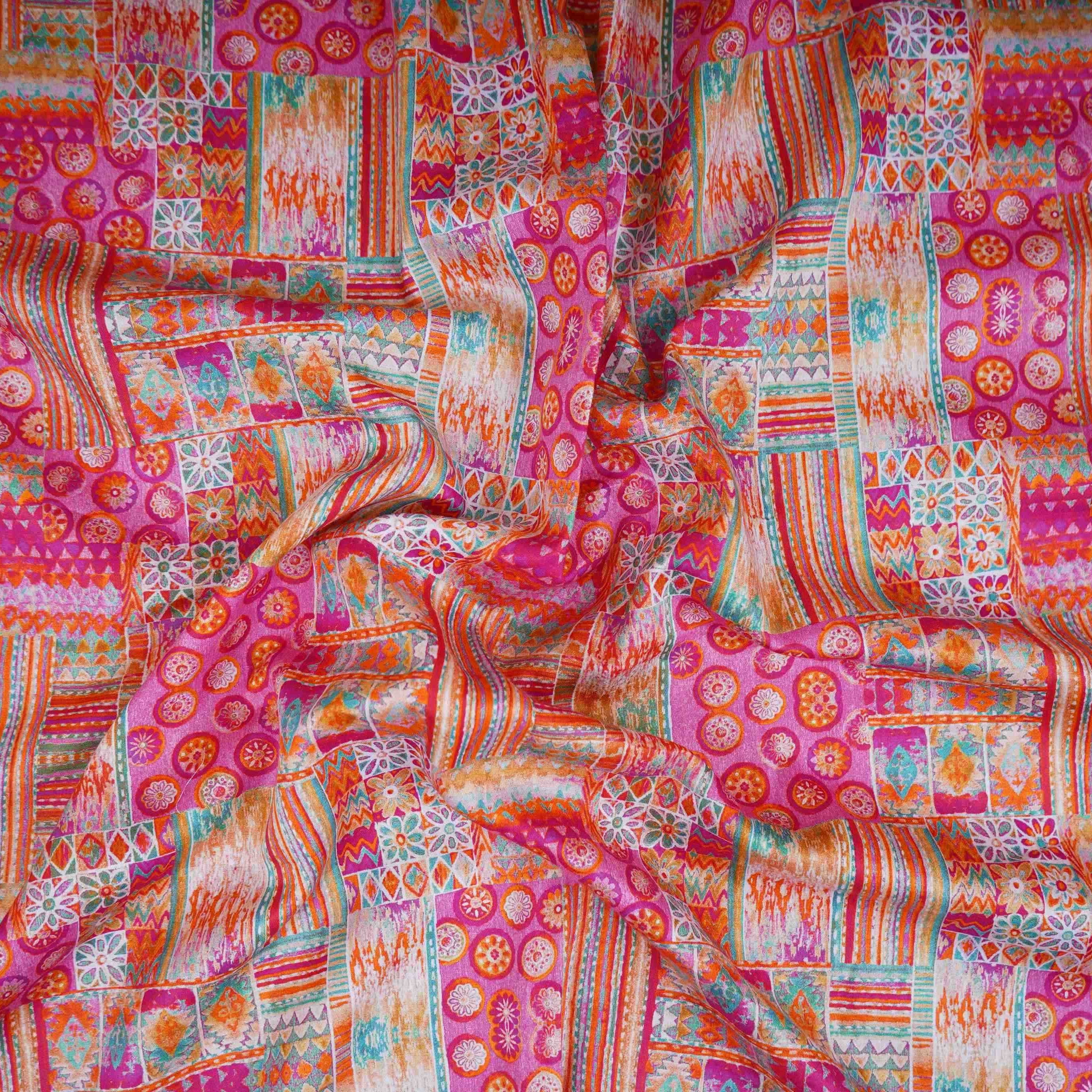 Pink Abstract Print Cotton Satin Fabric PG-30392 - TradeUNO