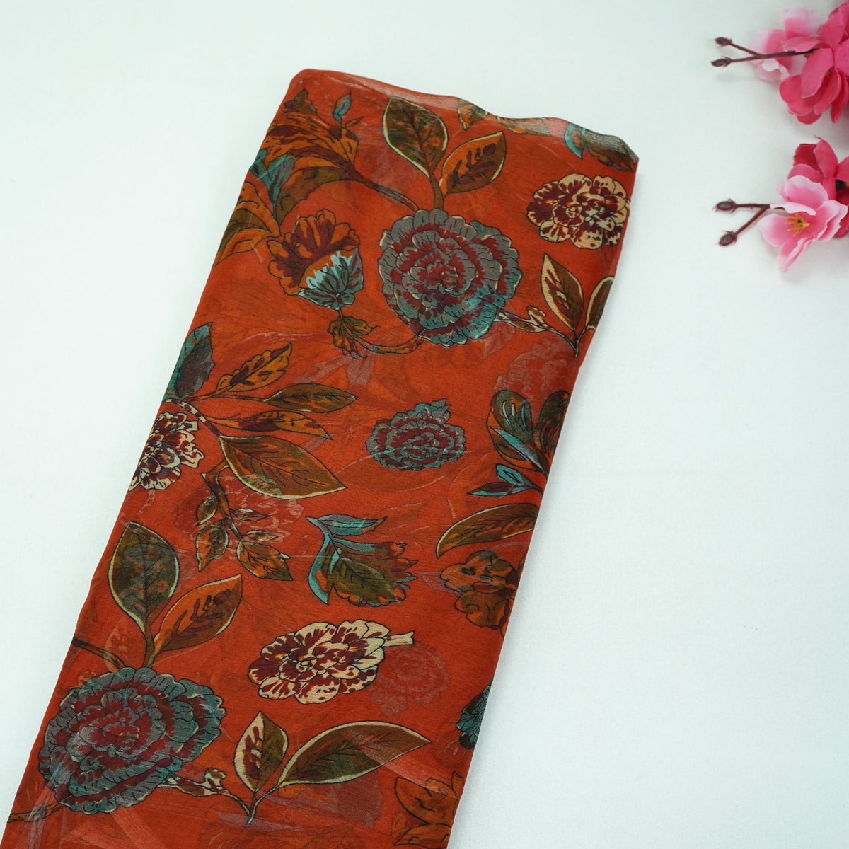 Orange Floral Print Chiffon Fabric MT-35191
