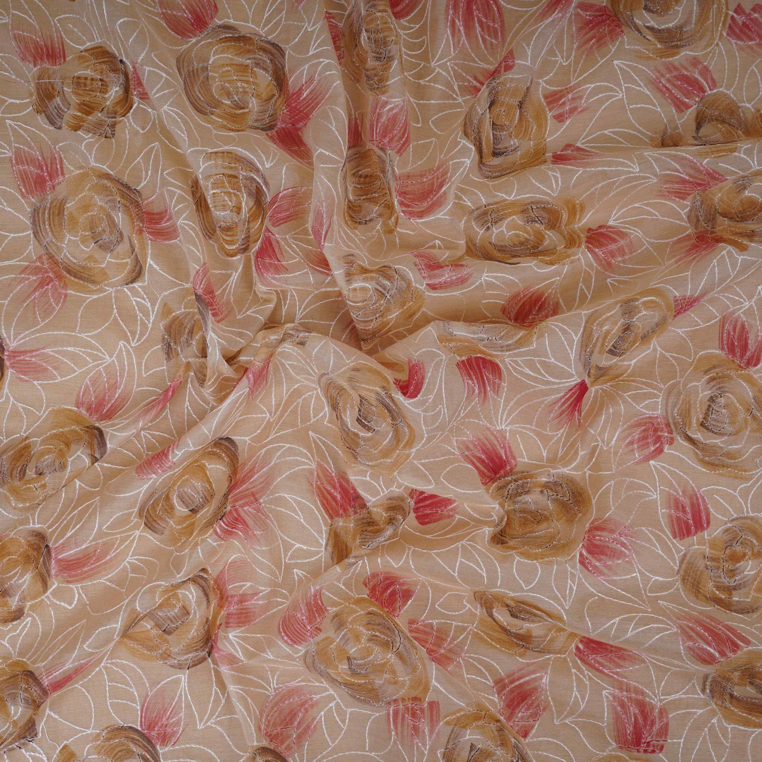Cream Floral Thread Embroidery Chanderi Fabric UMS-32292 - TradeUNO