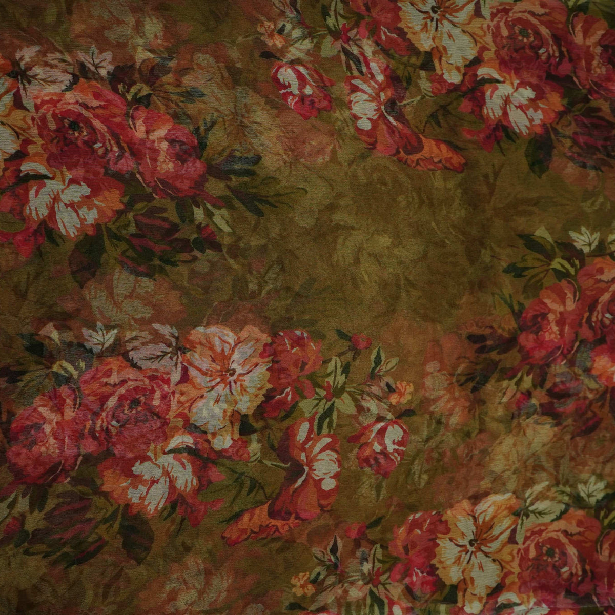Olive Green Floral Print Chiffon Fabric MT-35190