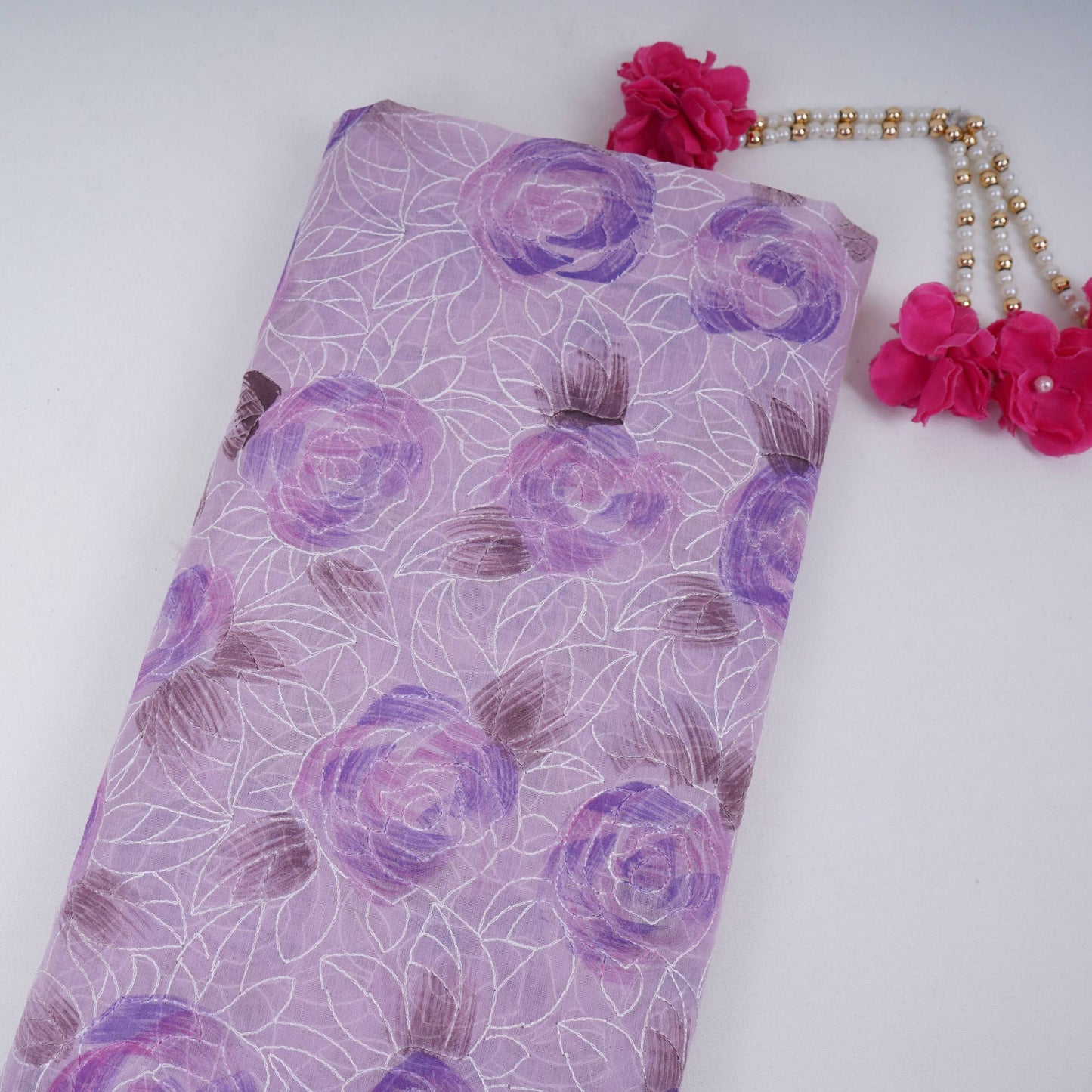 Lavender Floral Thread Embroidery Chanderi Fabric UMS-32291