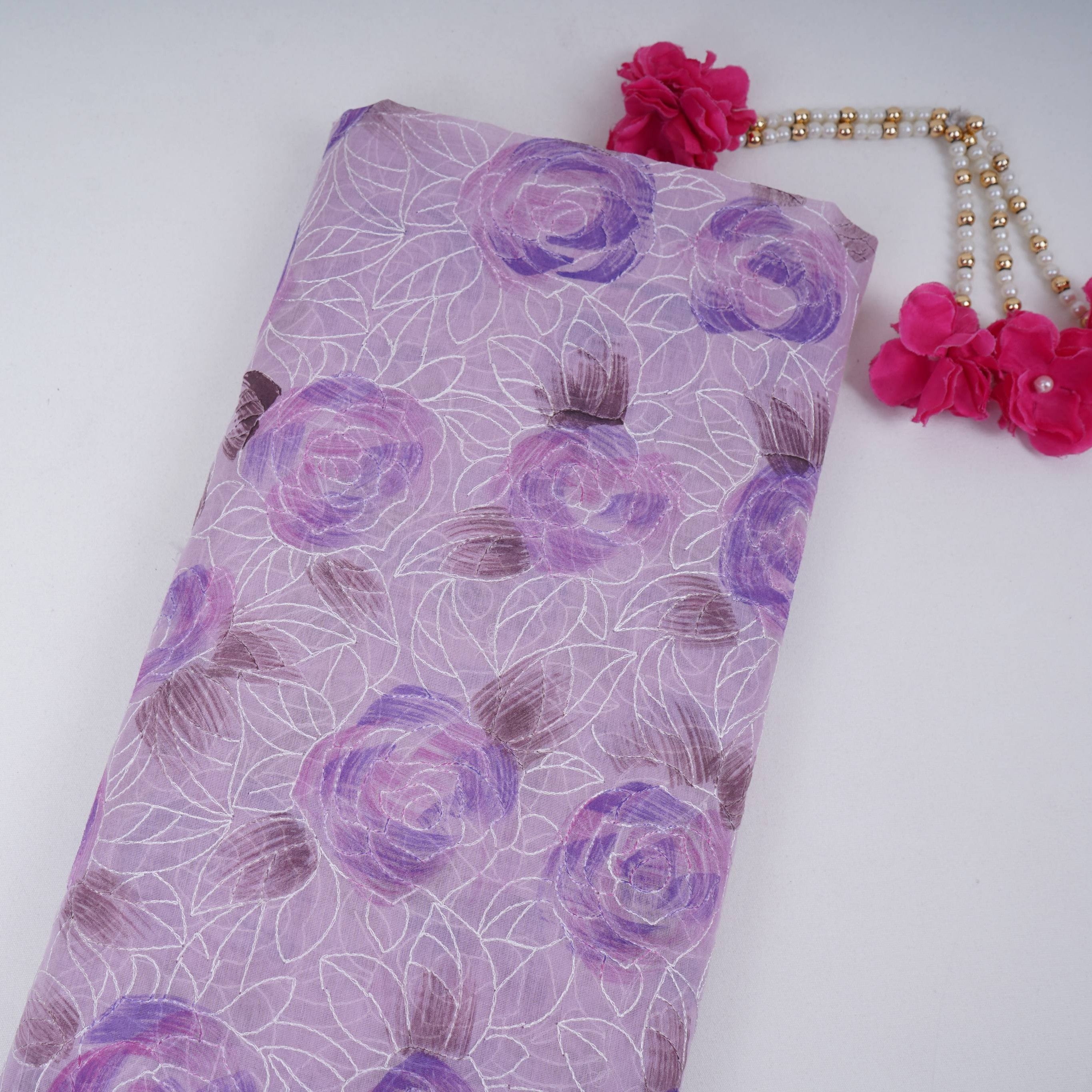 Lavender Floral Thread Embroidery Chanderi Fabric UMS-32291 - TradeUNO
