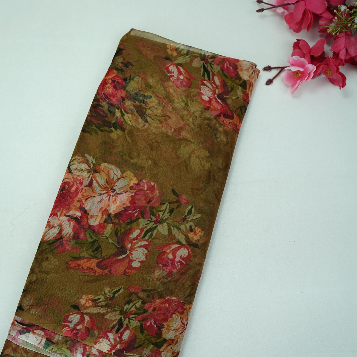 Olive Green Floral Print Chiffon Fabric MT-35190